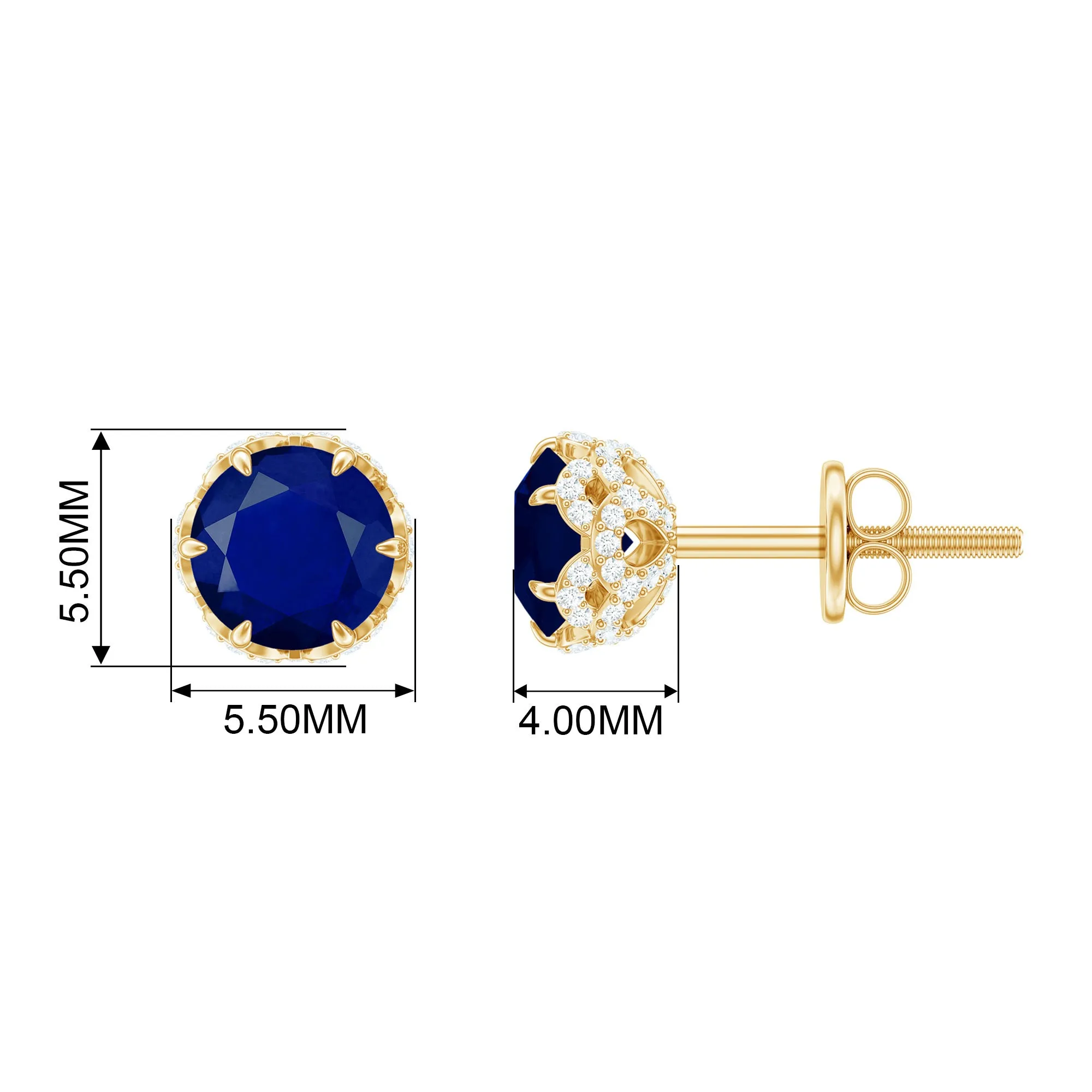 2.25 CT Claw Set Blue Sapphire Solitaire and Diamond Stud Earrings