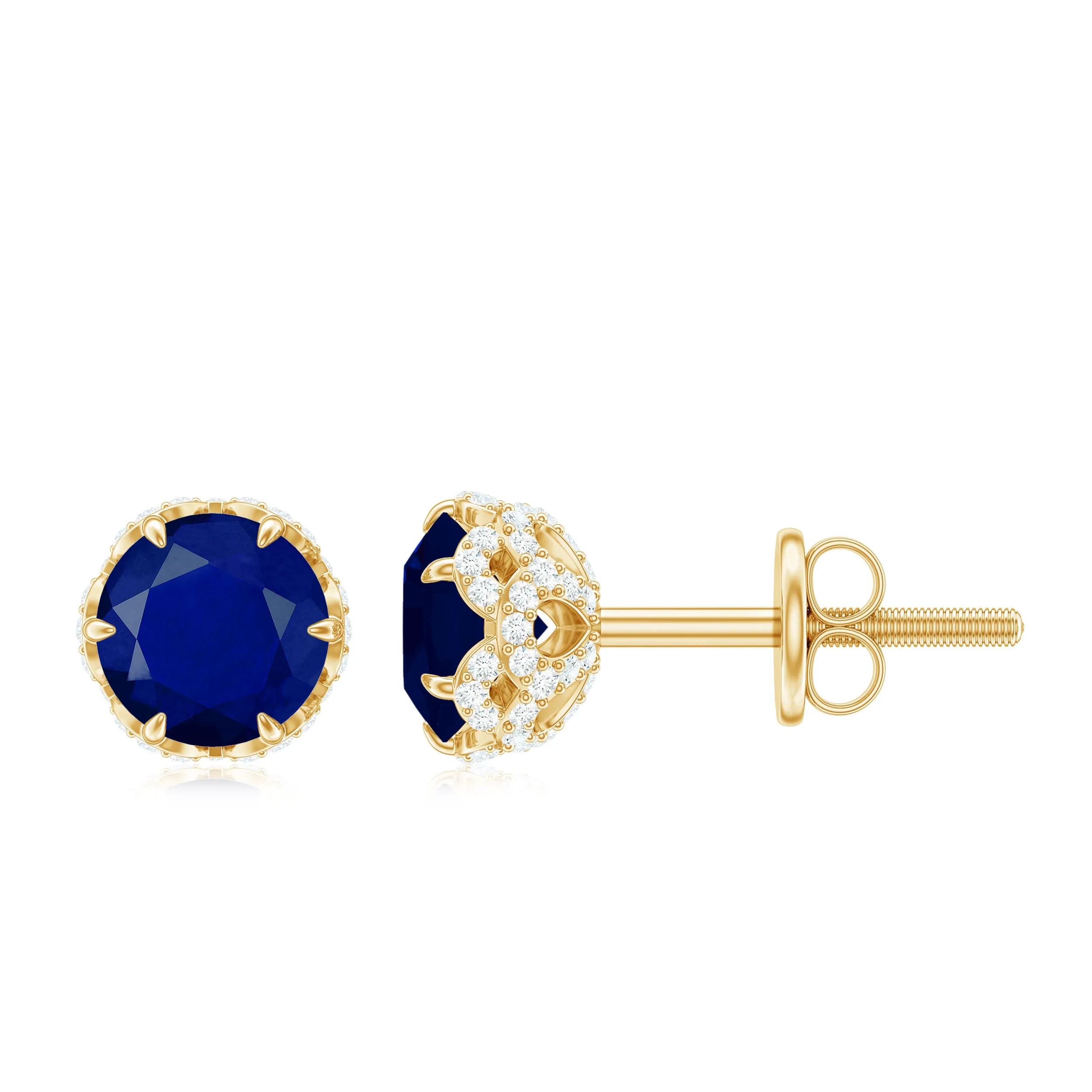 2.25 CT Claw Set Blue Sapphire Solitaire and Diamond Stud Earrings