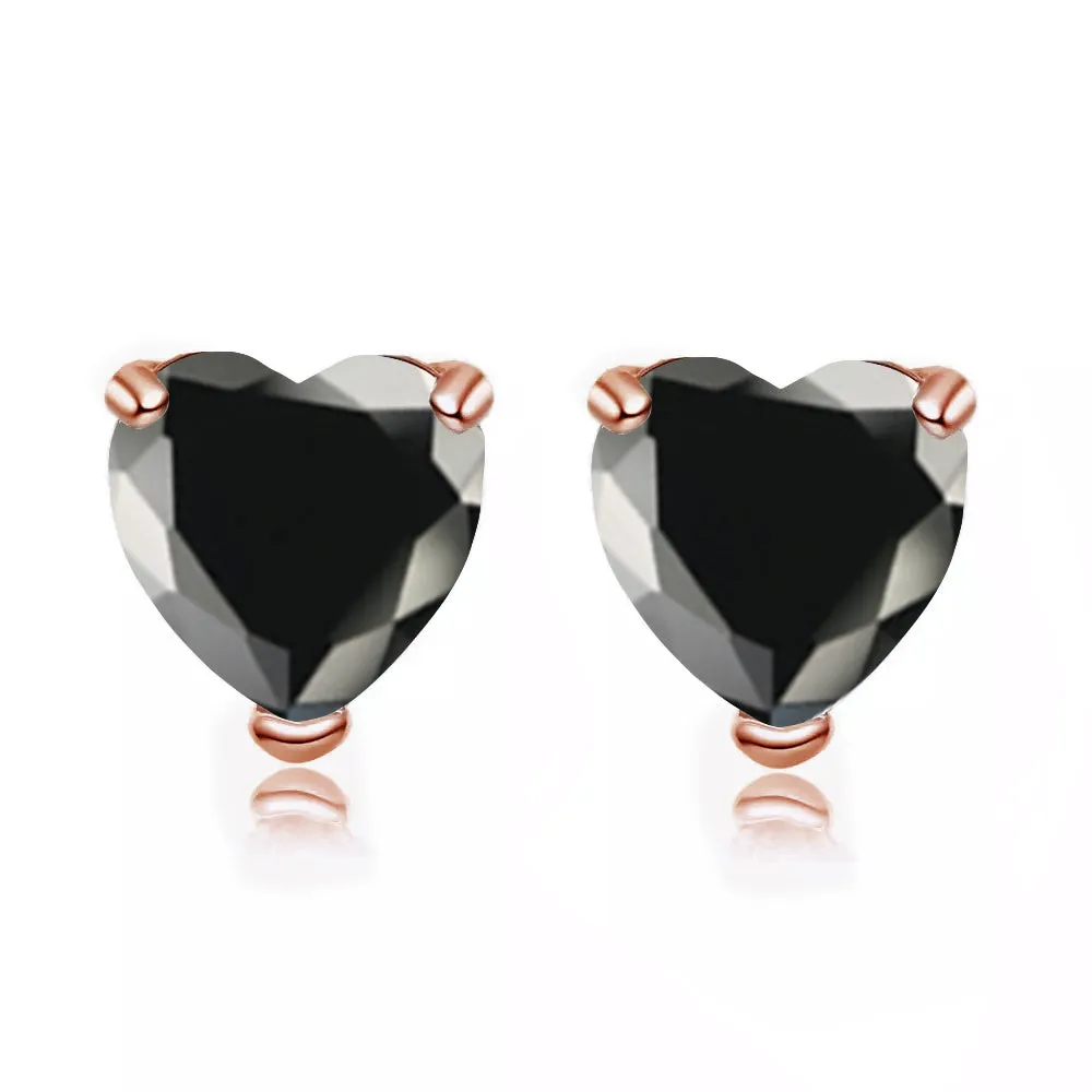 24k Rose Gold Plated 3 Carat Heart Created Black Sapphire Stud Earrings
