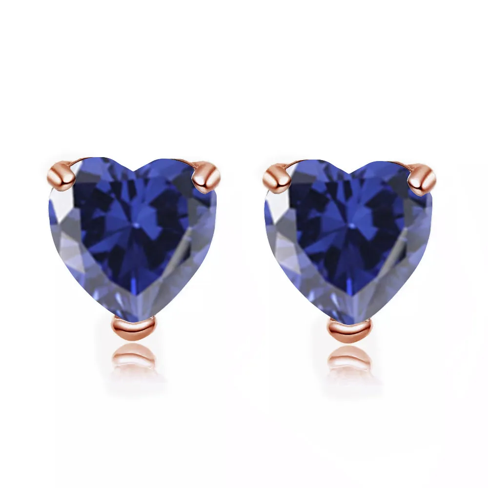 24k Rose Gold Plated 4 Carat Heart Created Blue Sapphire Stud Earrings