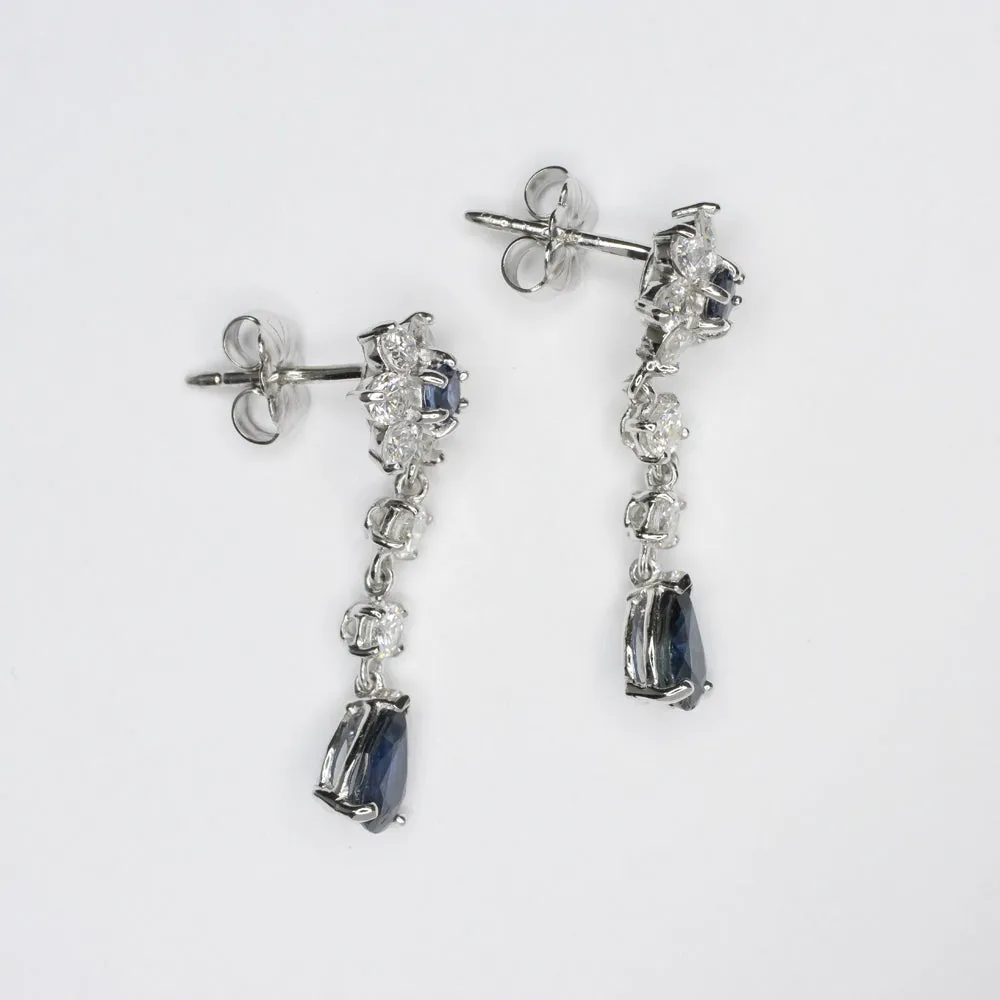 2.55ct SAPPHIRE DIAMOND DANGLE EARRINGS PEAR TEARDROP SHAPE DROP 14k WHITE GOLD