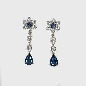 2.55ct SAPPHIRE DIAMOND DANGLE EARRINGS PEAR TEARDROP SHAPE DROP 14k WHITE GOLD