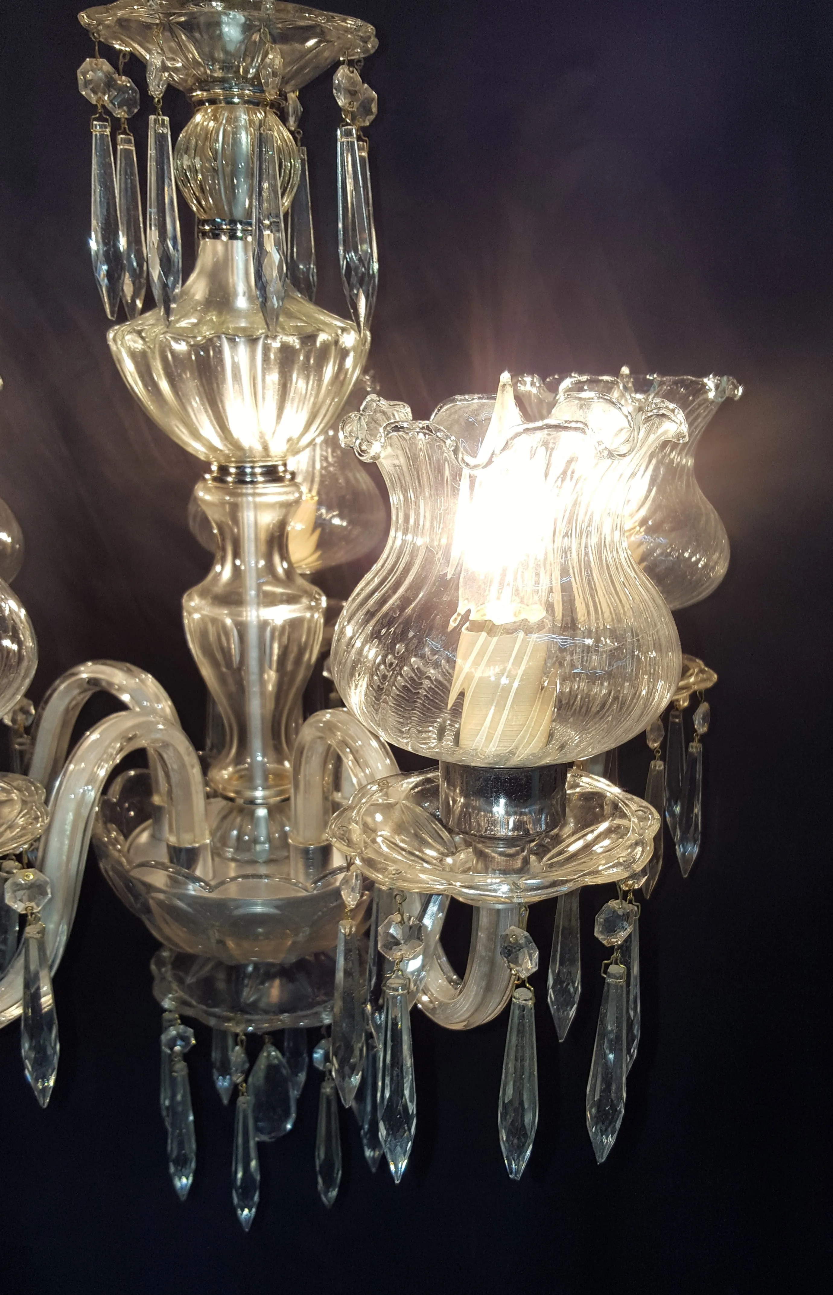 5 Light Crystal Prism Chandelier with Ruffled Striped Shades 19" x 15" GA9110