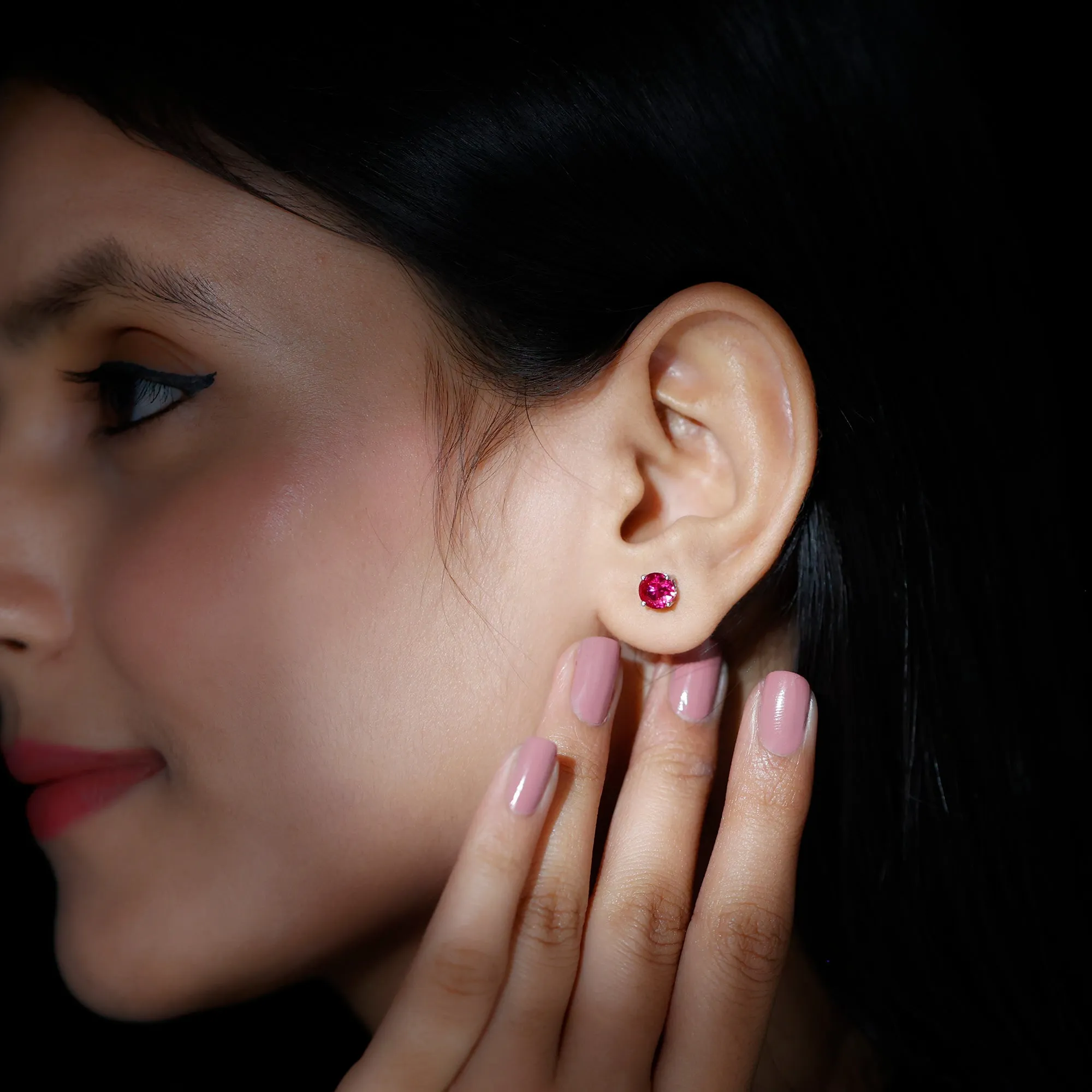 6 MM Round Cut Solitaire Lab Created Ruby Stud Earring for women