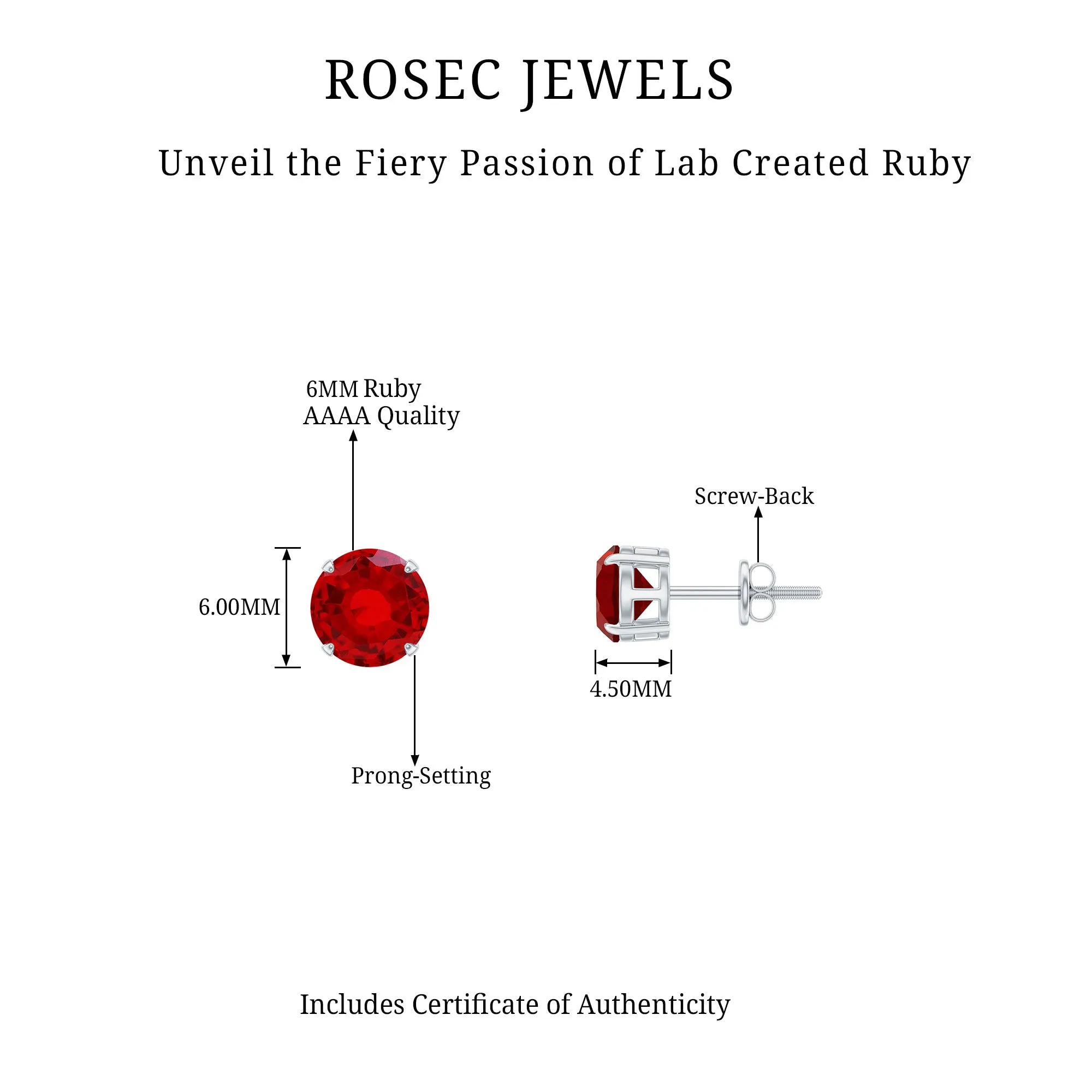6 MM Round Cut Solitaire Lab Created Ruby Stud Earring for women