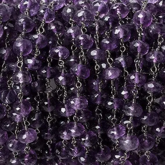 6mm Amethyst Faceted Rondelle Black Gold Chain 30 beads