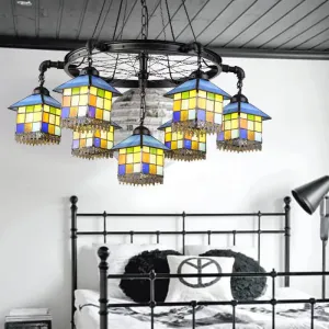 7-Light Lodge Chandelier with Colorful Glass Shades and Black Wheel for Library