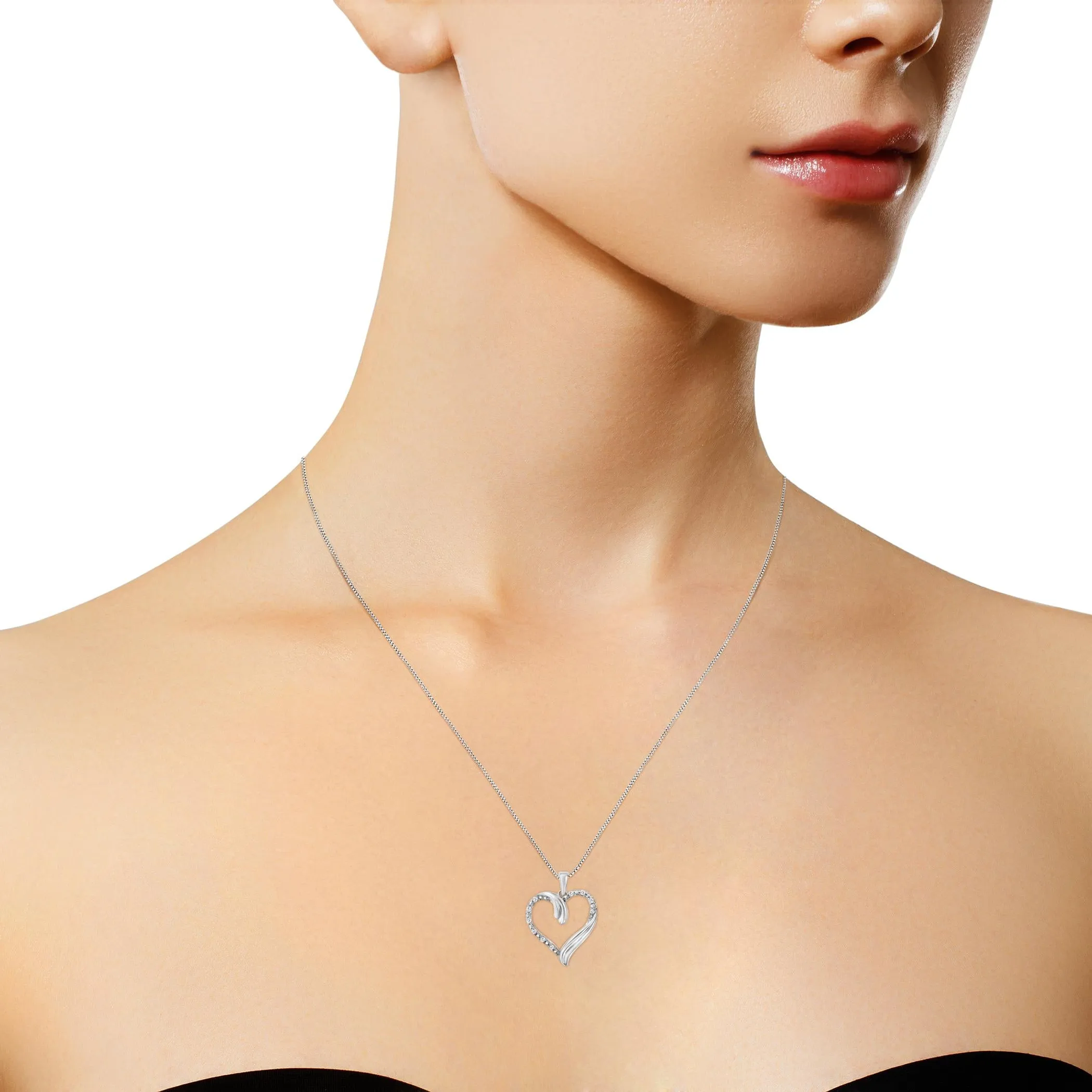 .925 Sterling Silver 1/10 Cttw Prong-Set Round Cut Diamond Open Heart 18" Pendent Necklace (I-J Color, I2-I3 Clarity)