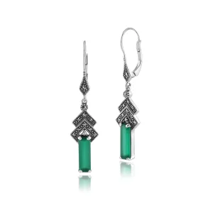 925 Sterlingsilber Vintage Inspiriert Art-Deco Grüner Chalcedon & Markasit Ohrringe