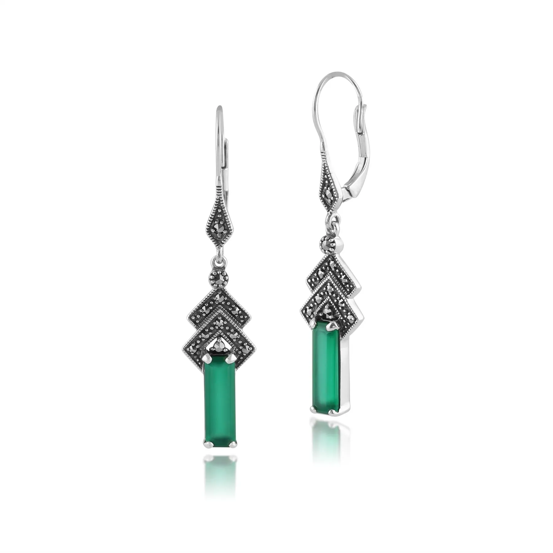 925 Sterlingsilber Vintage Inspiriert Art-Deco Grüner Chalcedon & Markasit Ohrringe