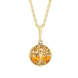 9ct Yellow Gold Small Amber Round Tree of Life Necklace