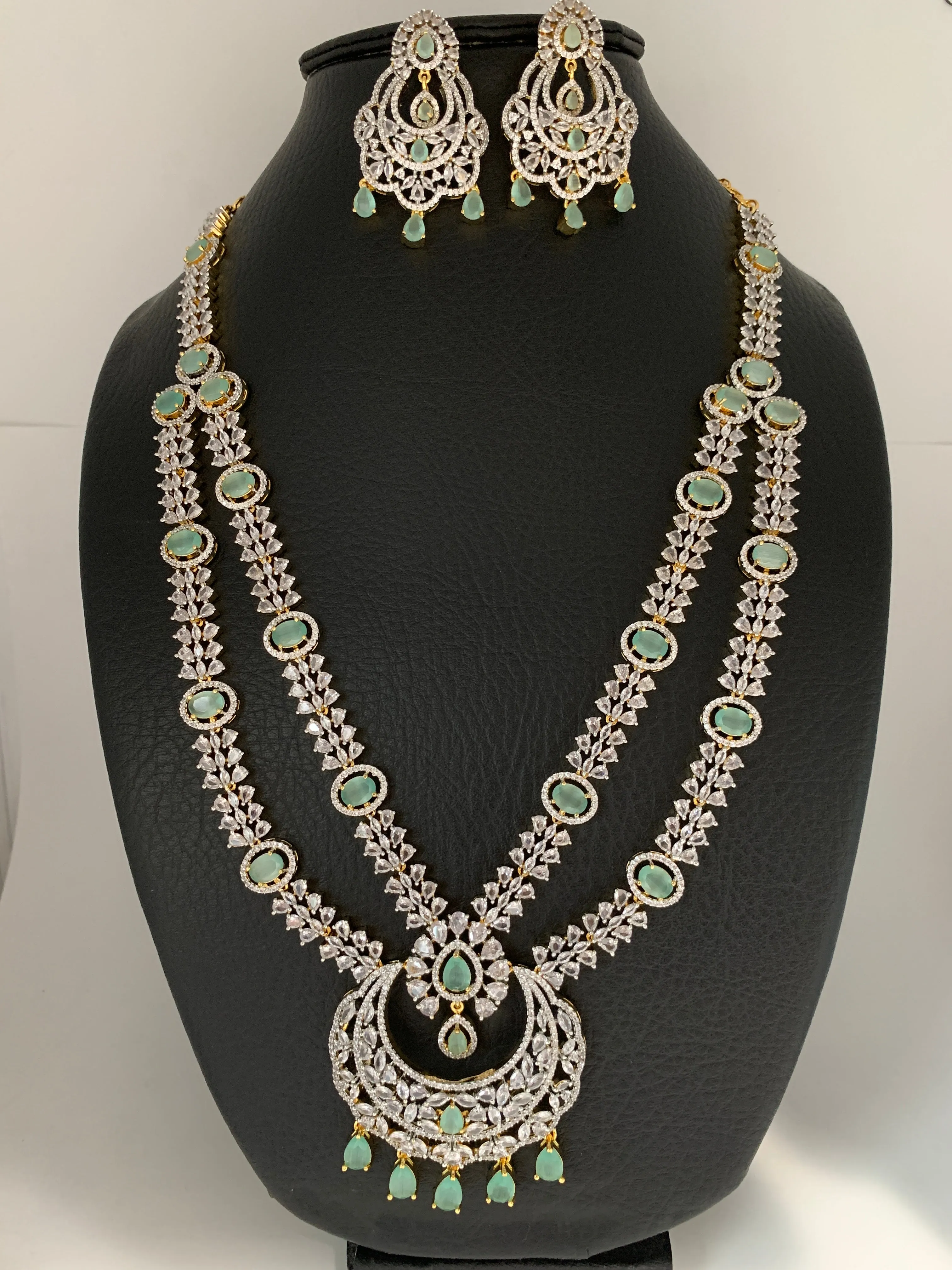 AD Mint Green Stone Double Layer Long Necklace
