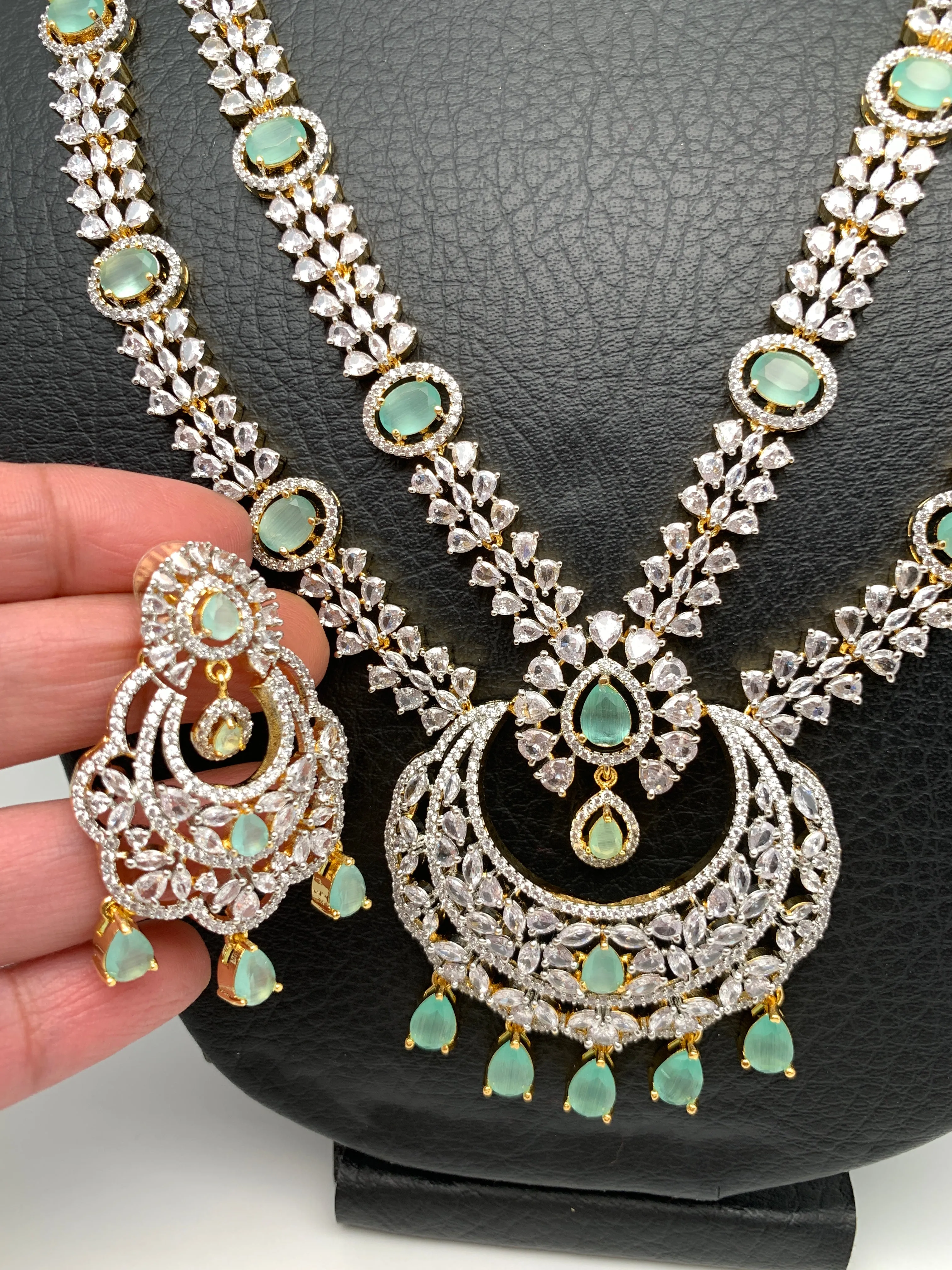 AD Mint Green Stone Double Layer Long Necklace