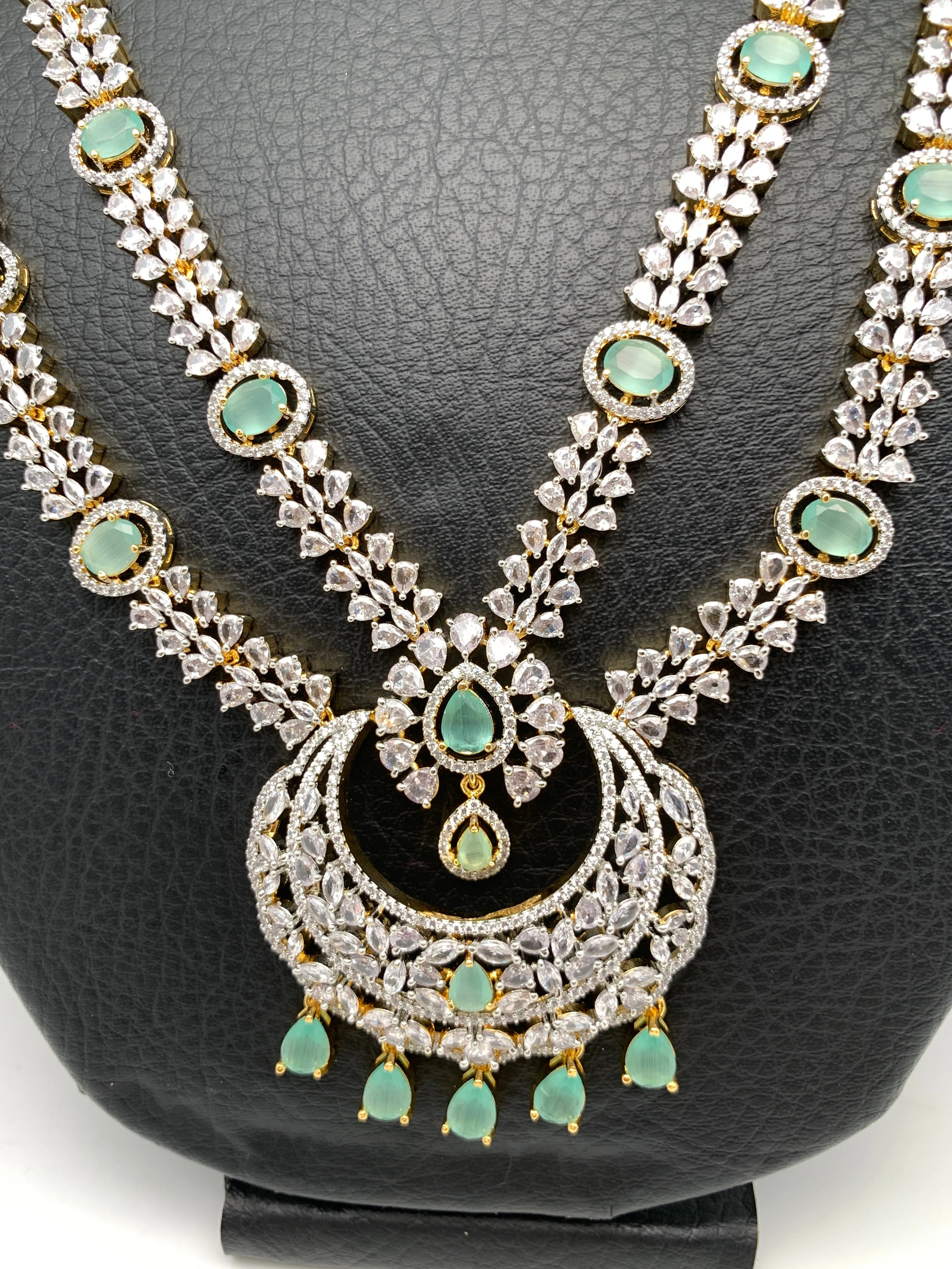 AD Mint Green Stone Double Layer Long Necklace