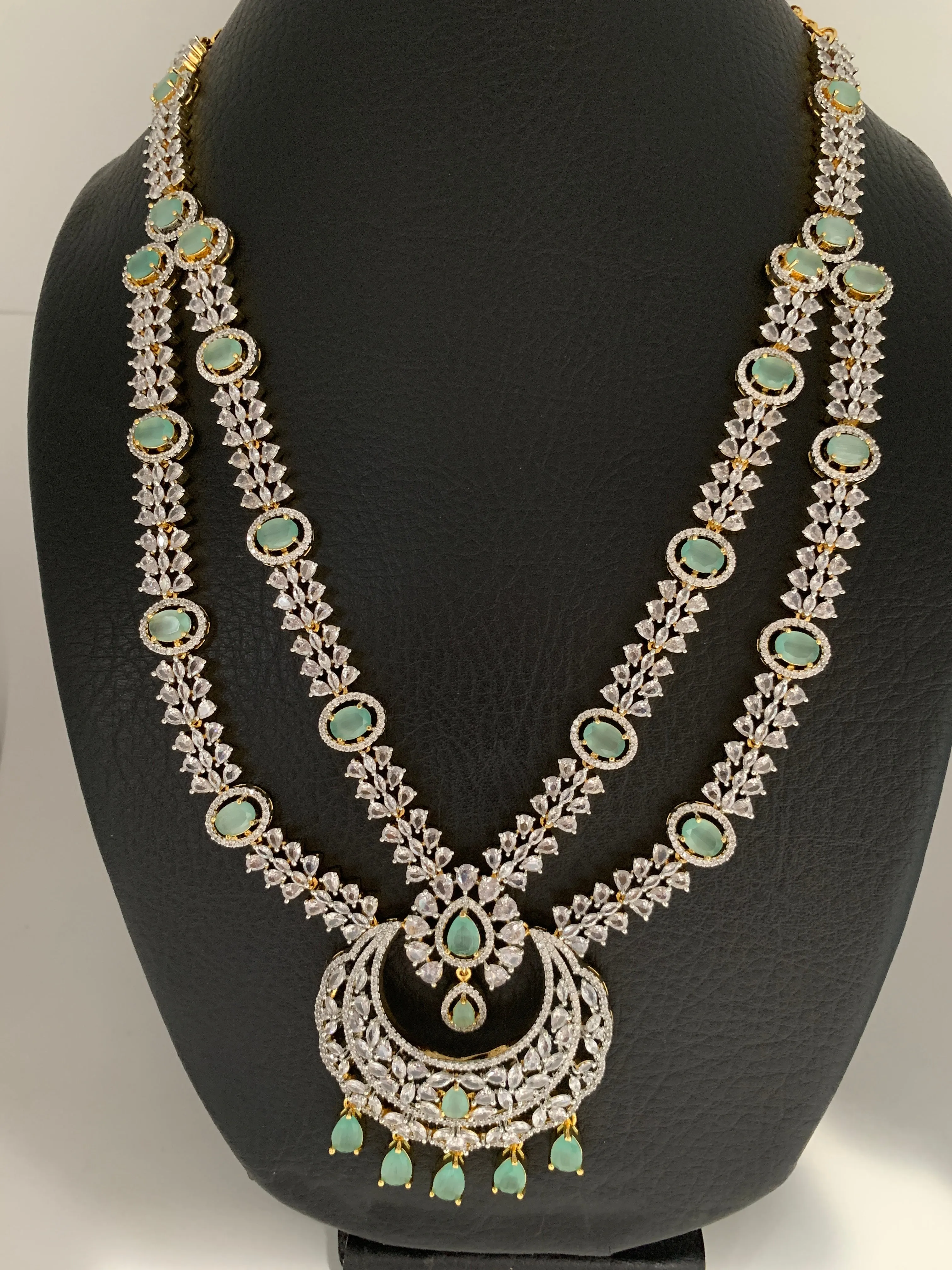 AD Mint Green Stone Double Layer Long Necklace