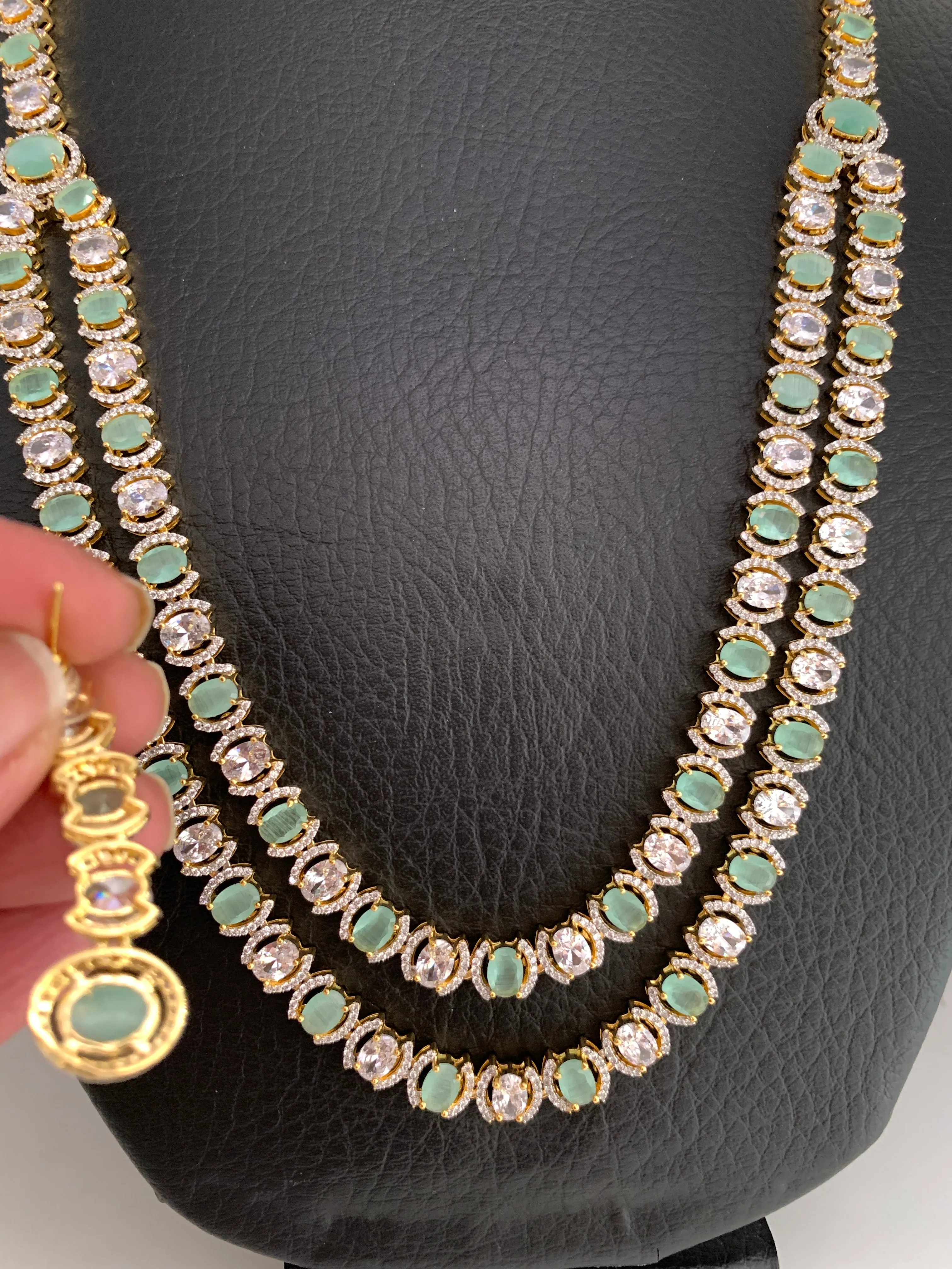 AD Mint Green Stone Double Line Long Necklace