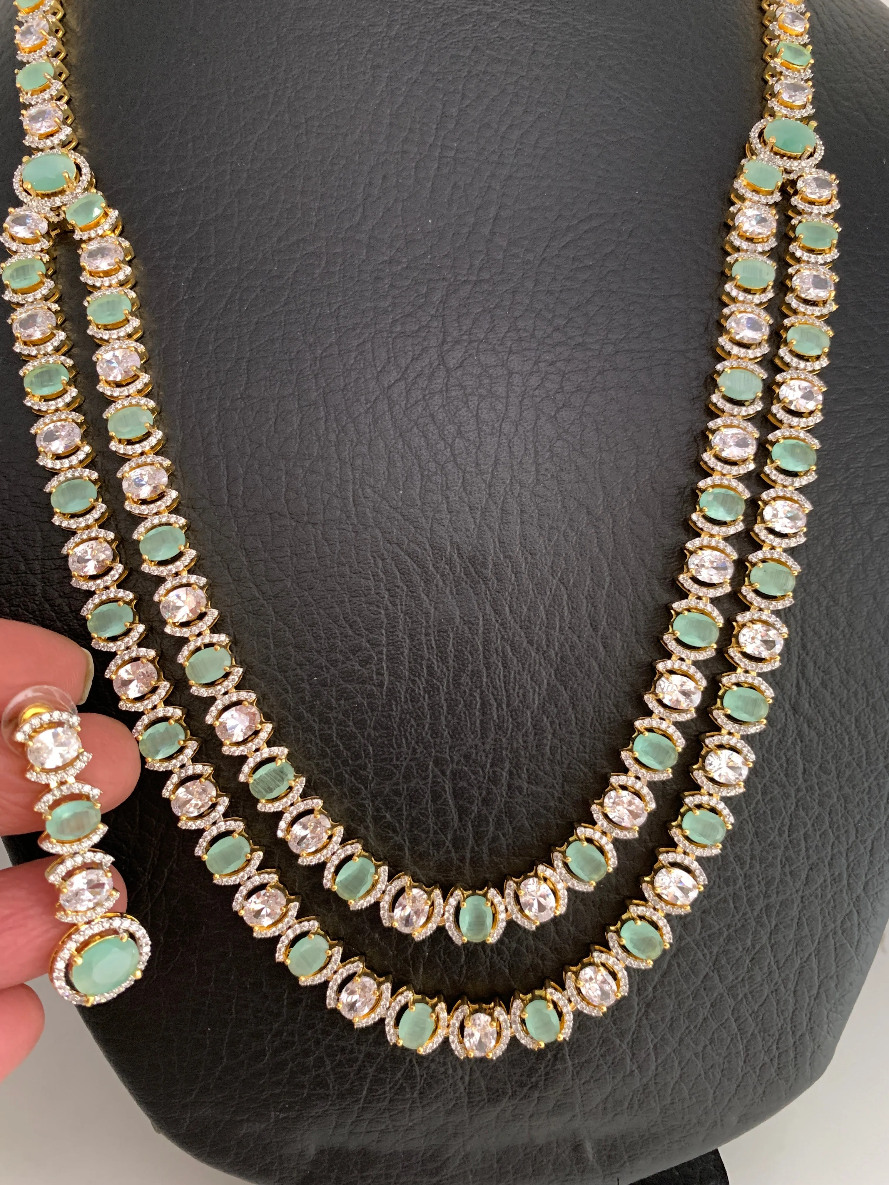 AD Mint Green Stone Double Line Long Necklace