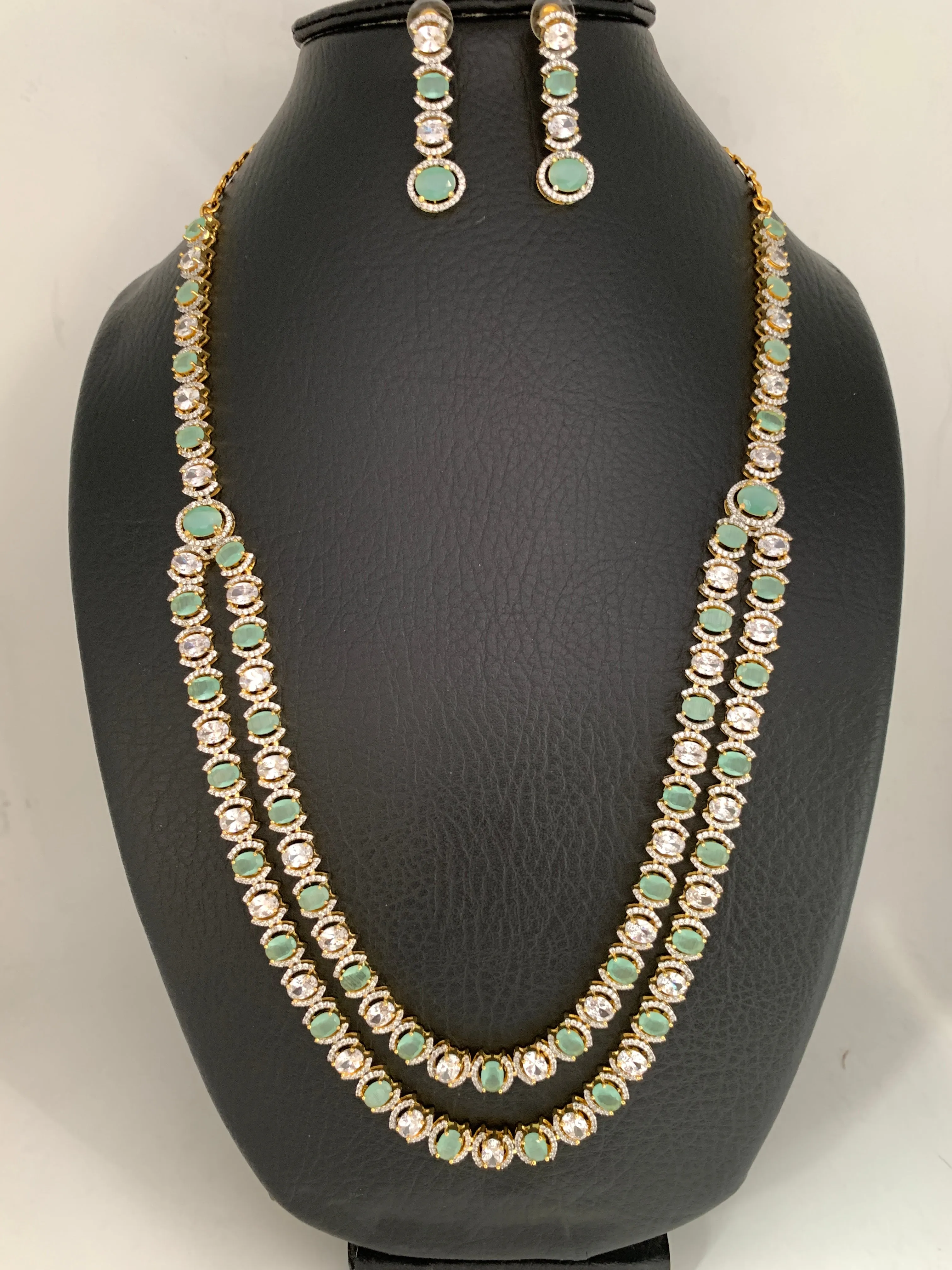 AD Mint Green Stone Double Line Long Necklace