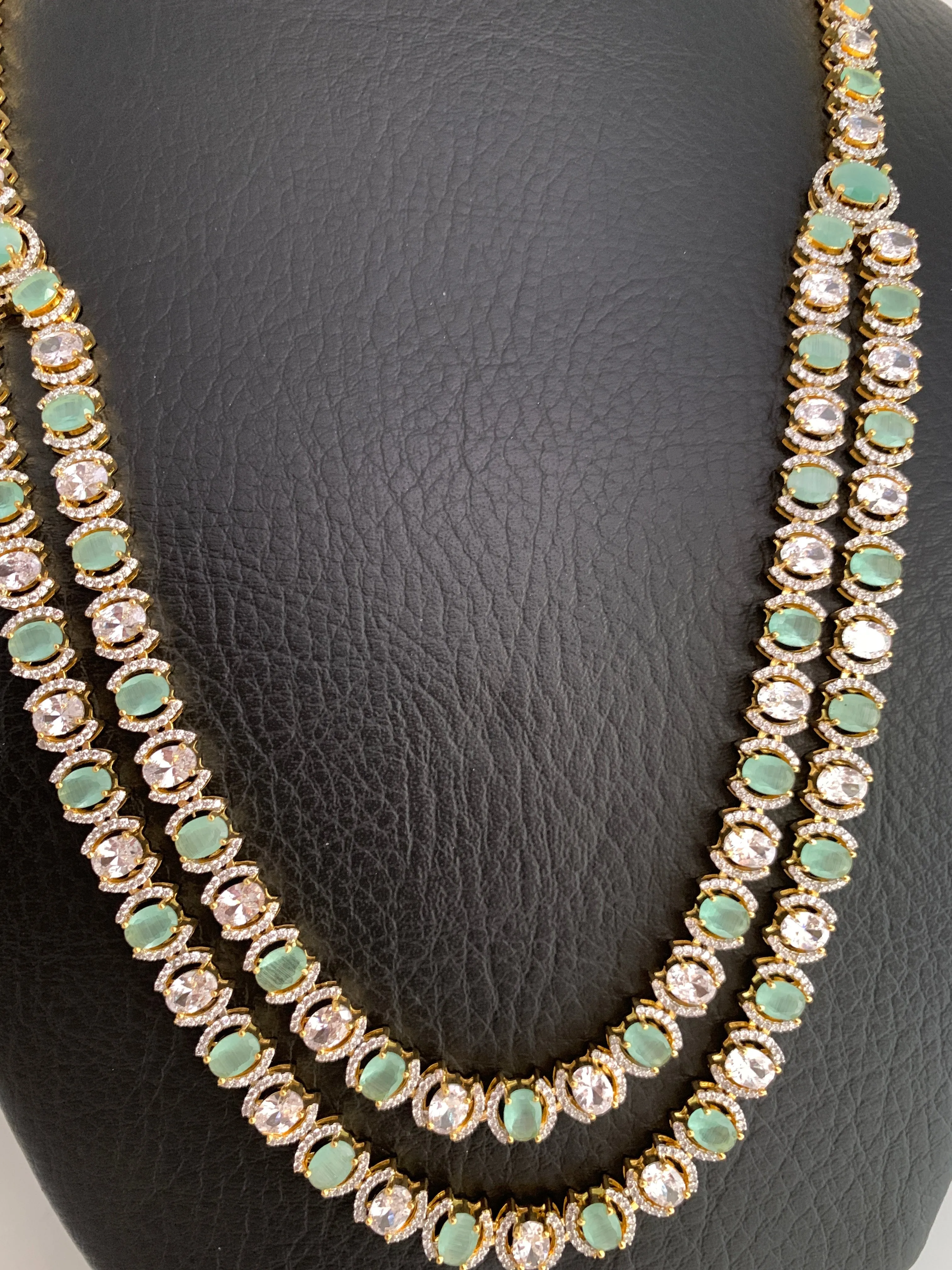 AD Mint Green Stone Double Line Long Necklace
