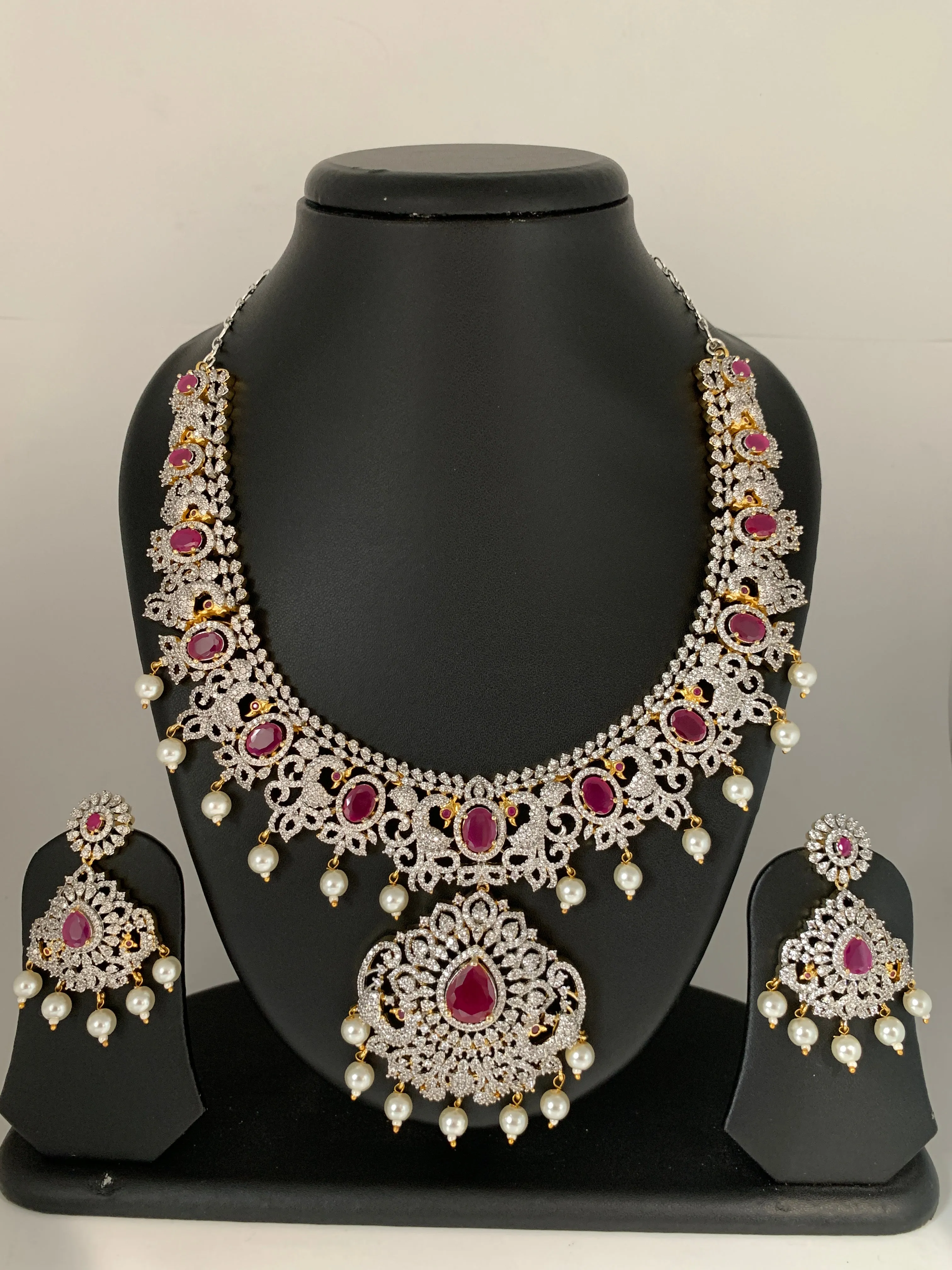 AD Ruby Red Stone Peacock Design Short Necklace