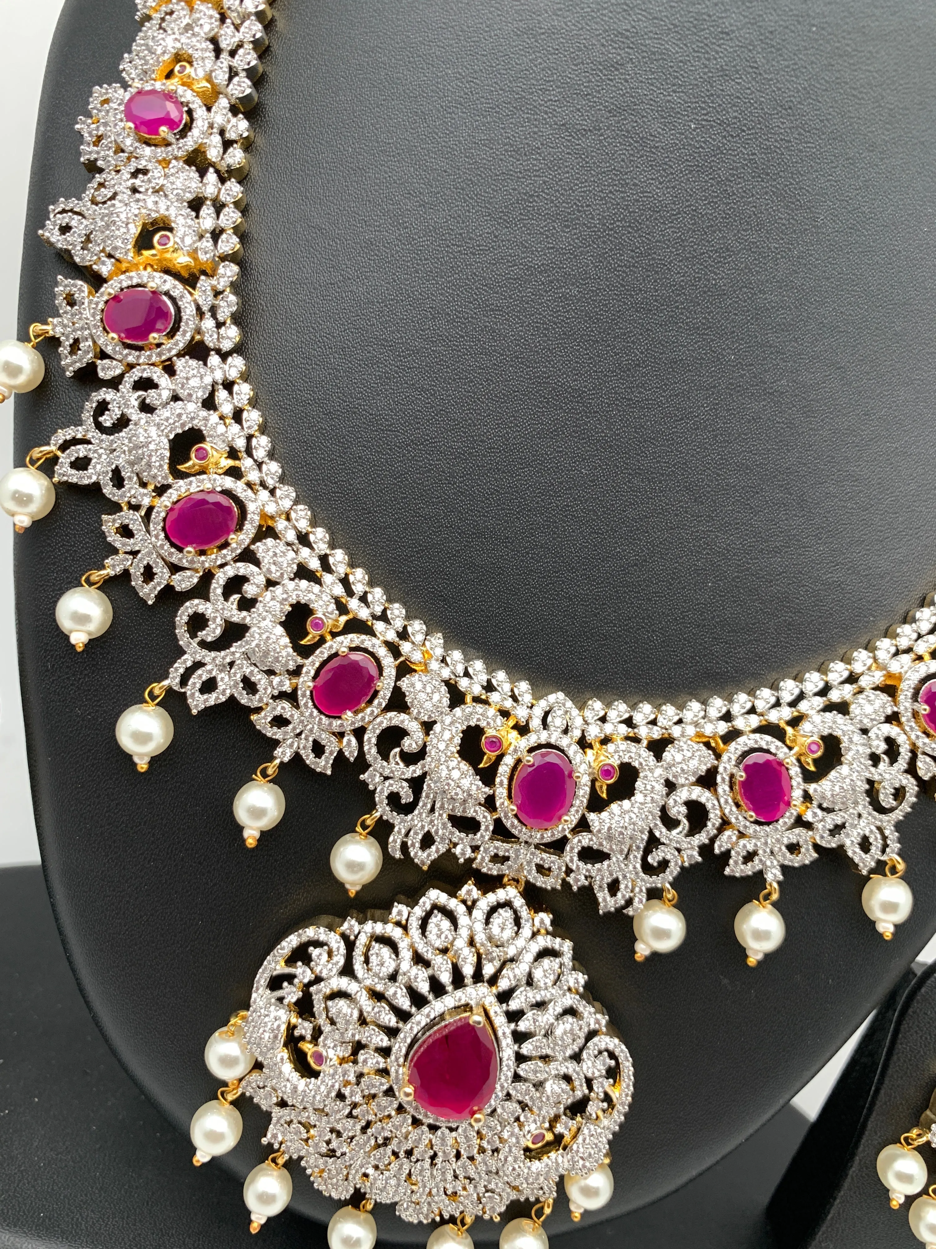 AD Ruby Red Stone Peacock Design Short Necklace