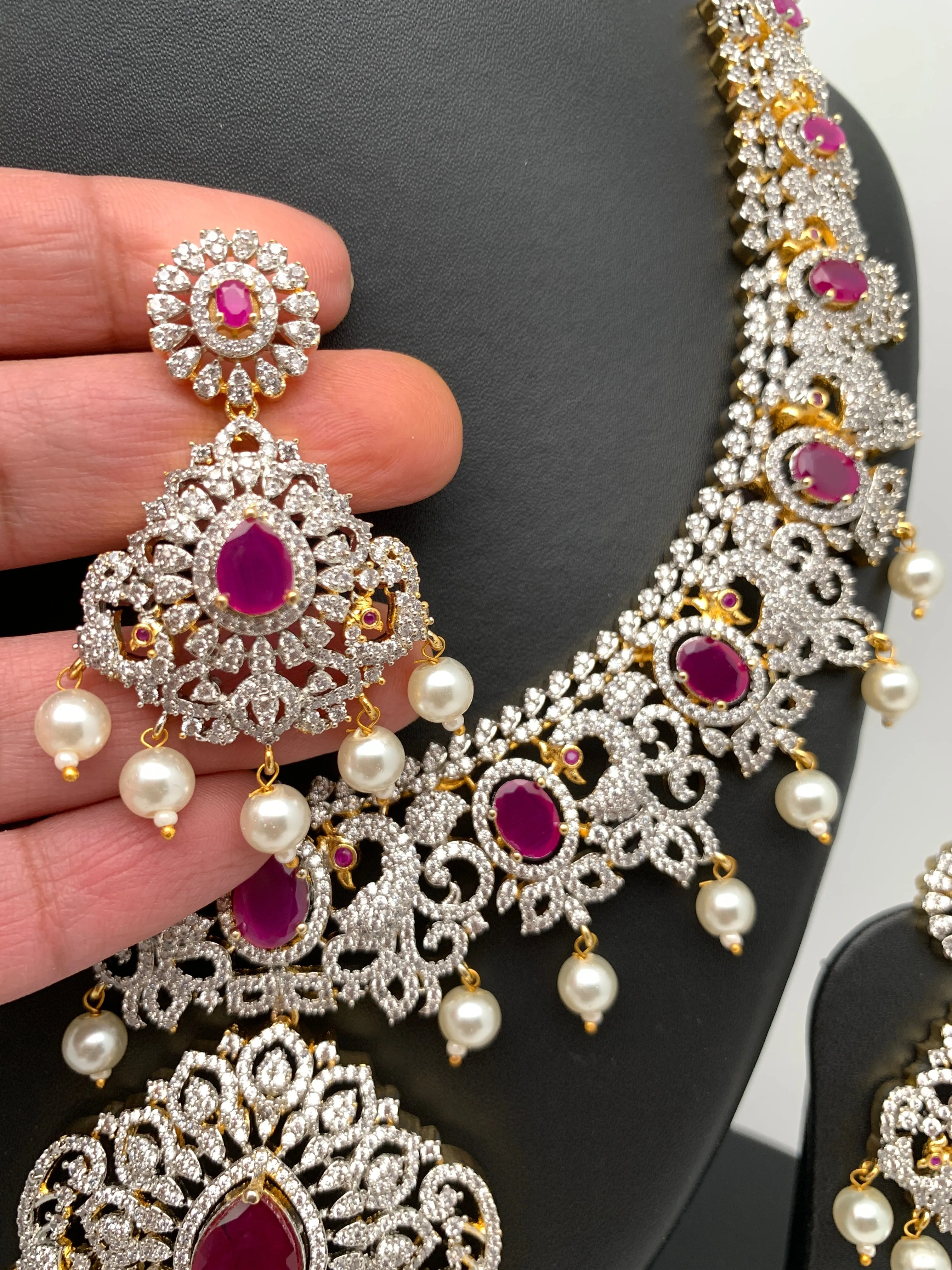 AD Ruby Red Stone Peacock Design Short Necklace