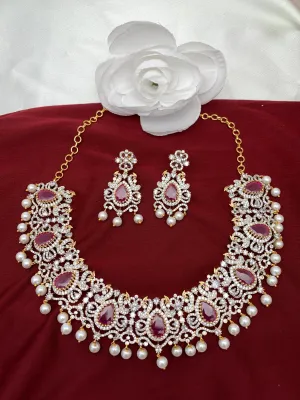 AD Ruby Red Stone Peacock Design Short Neckline Neckalce