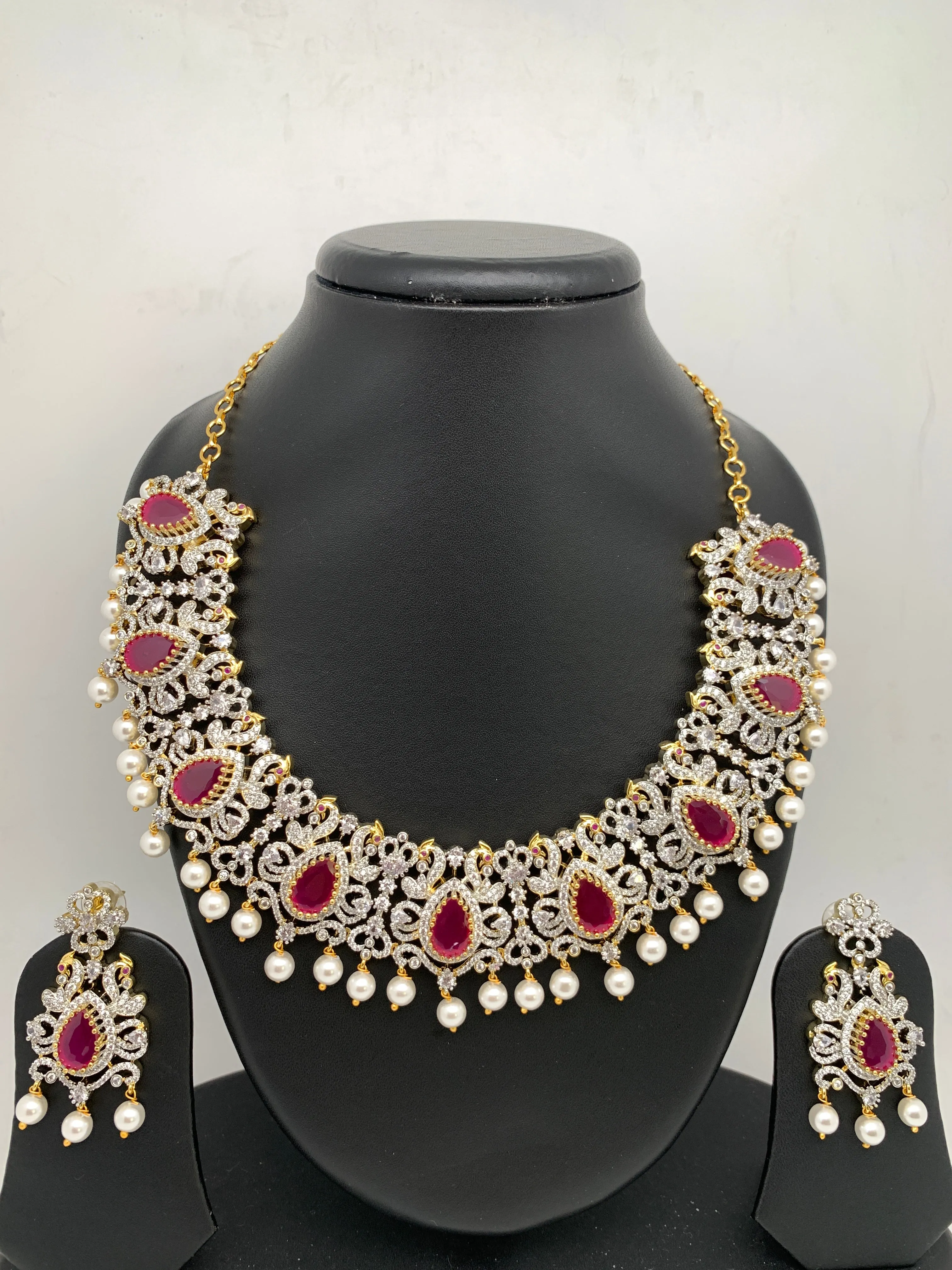 AD Ruby Red Stone Peacock Design Short Neckline Neckalce