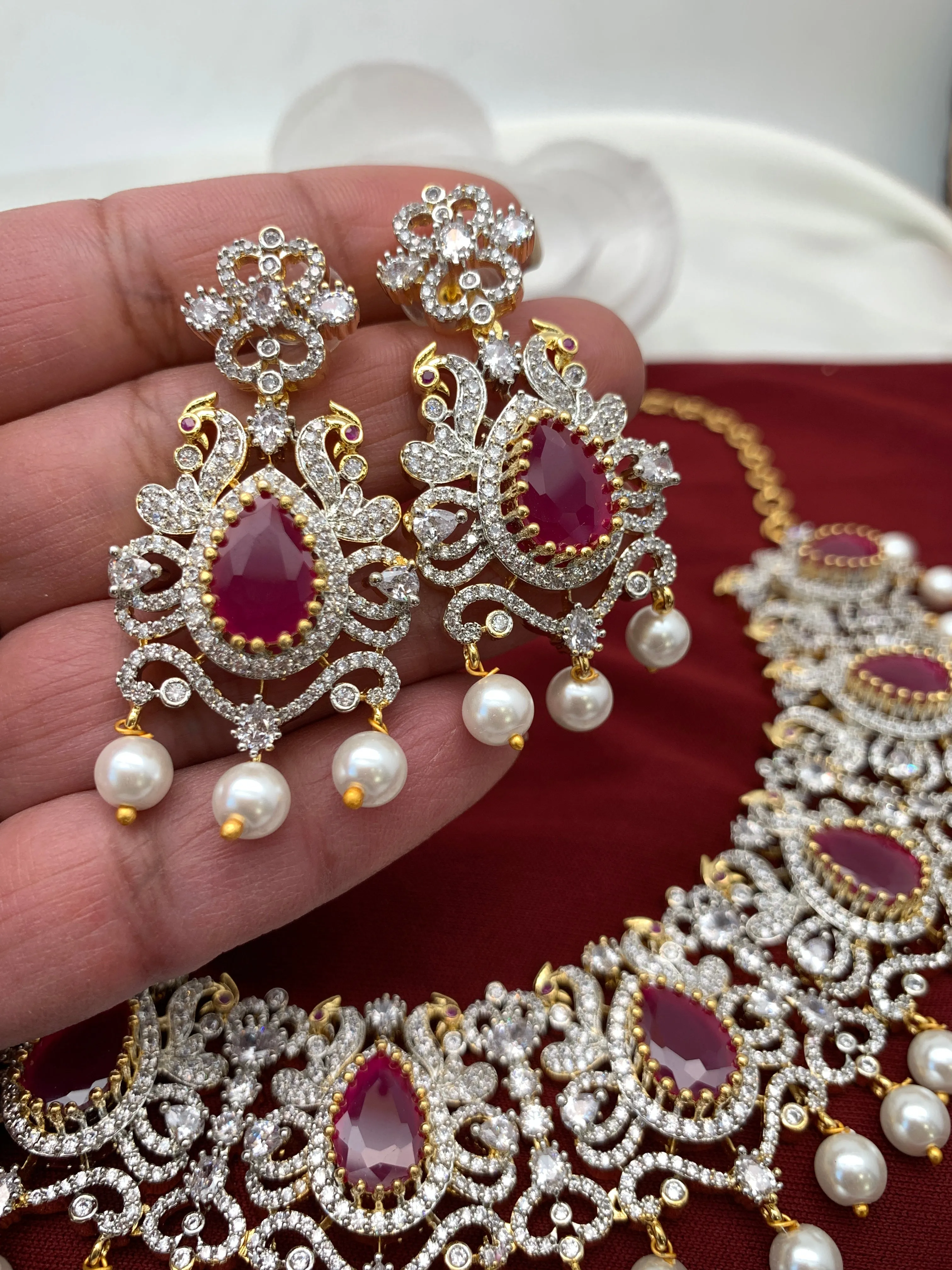 AD Ruby Red Stone Peacock Design Short Neckline Neckalce