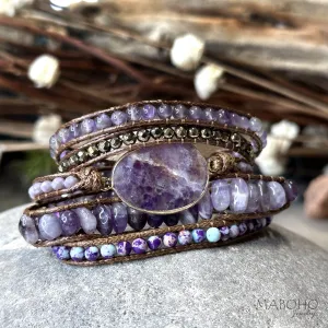 Amethyst Crystal 5 Wrap Adjustable Boho Bracelet