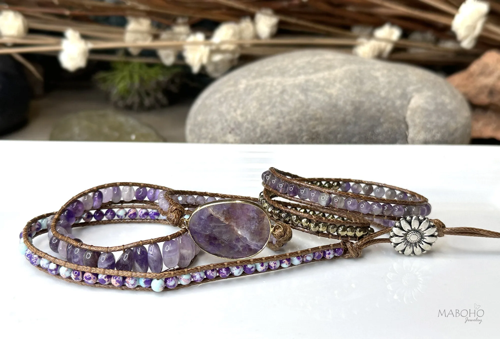 Amethyst Crystal 5 Wrap Adjustable Boho Bracelet