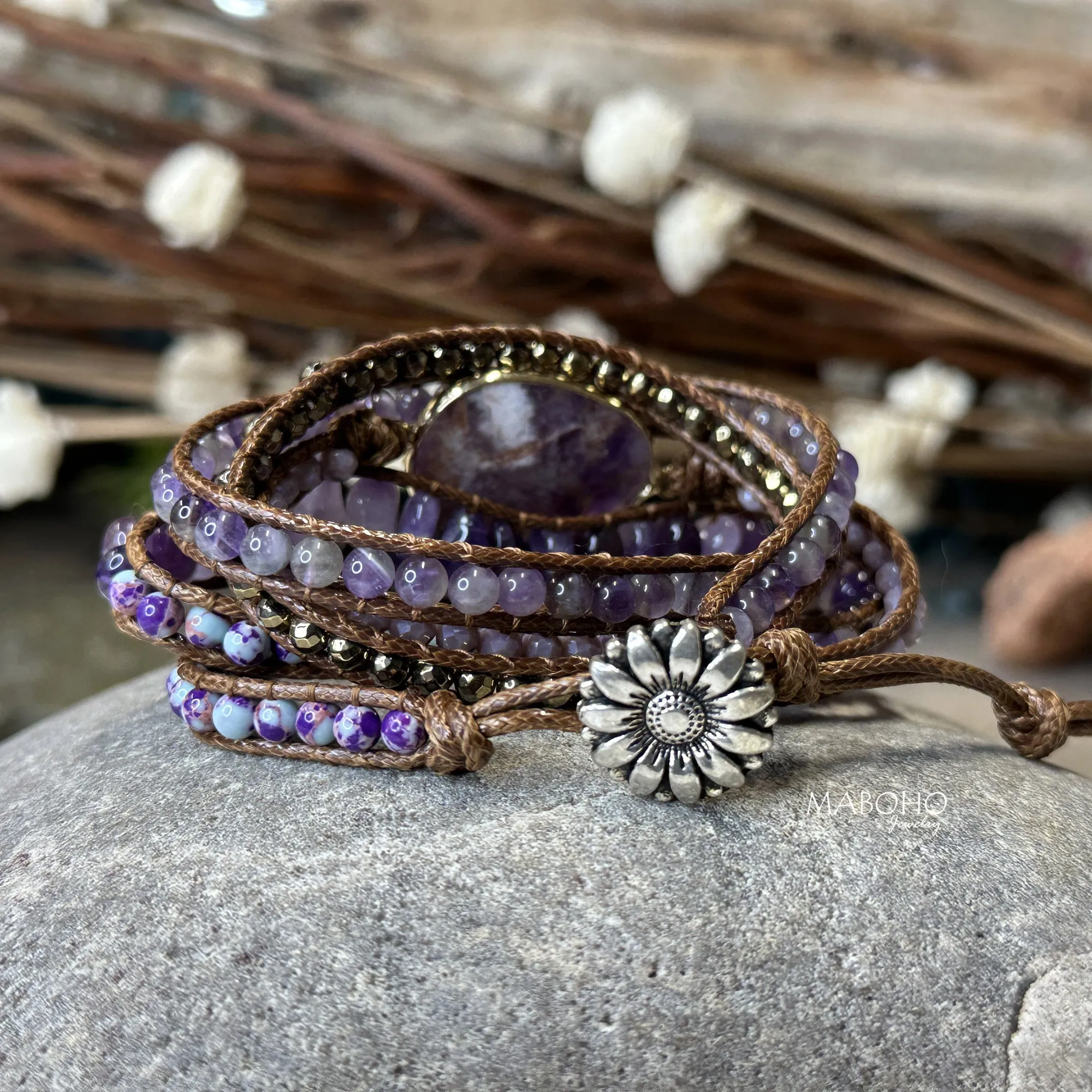 Amethyst Crystal 5 Wrap Adjustable Boho Bracelet