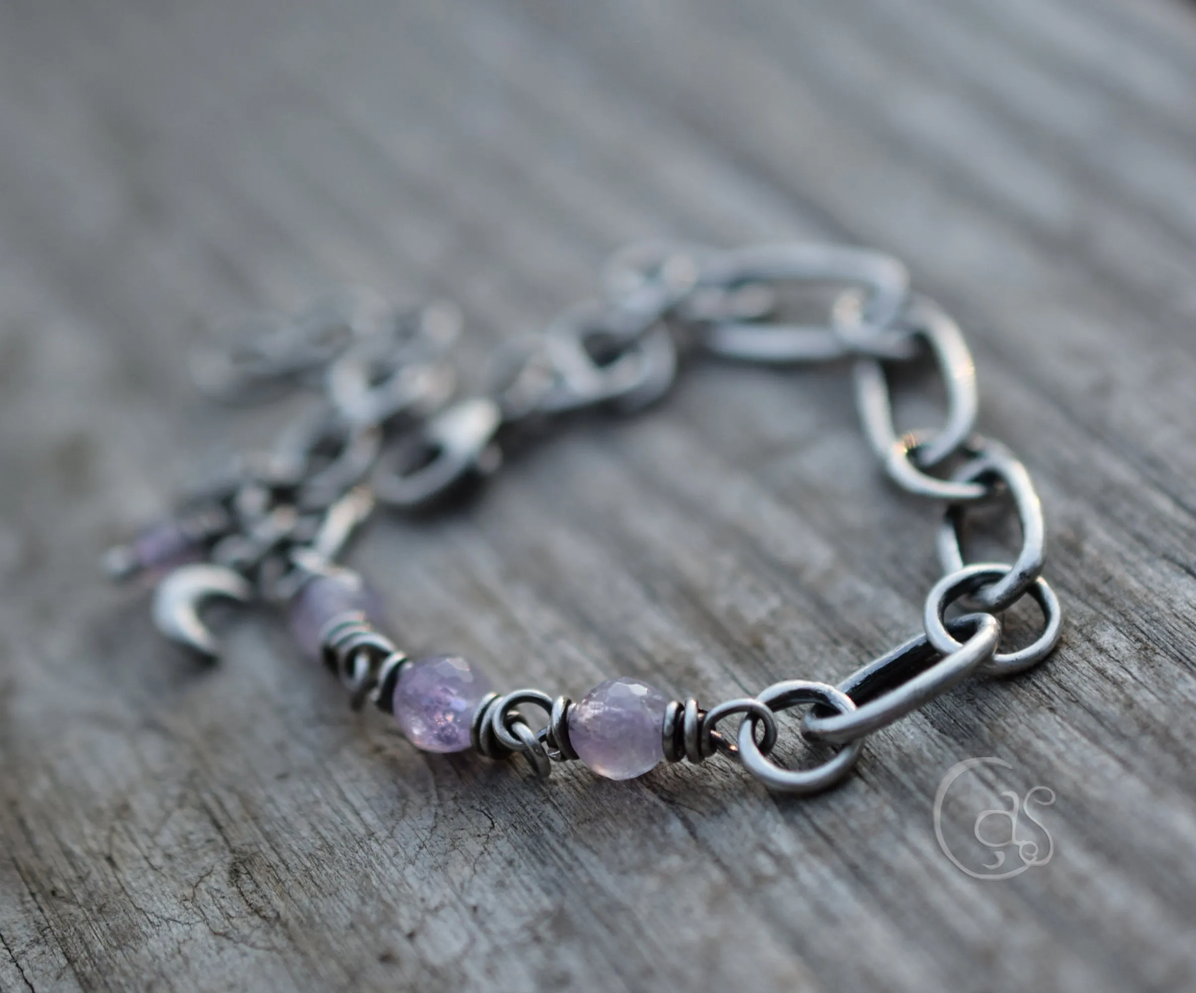 Amethyst Gemstone Fine Silver Bracelet. Crescent Moon Beaded Gemstone Jewelry. Handcrafted.