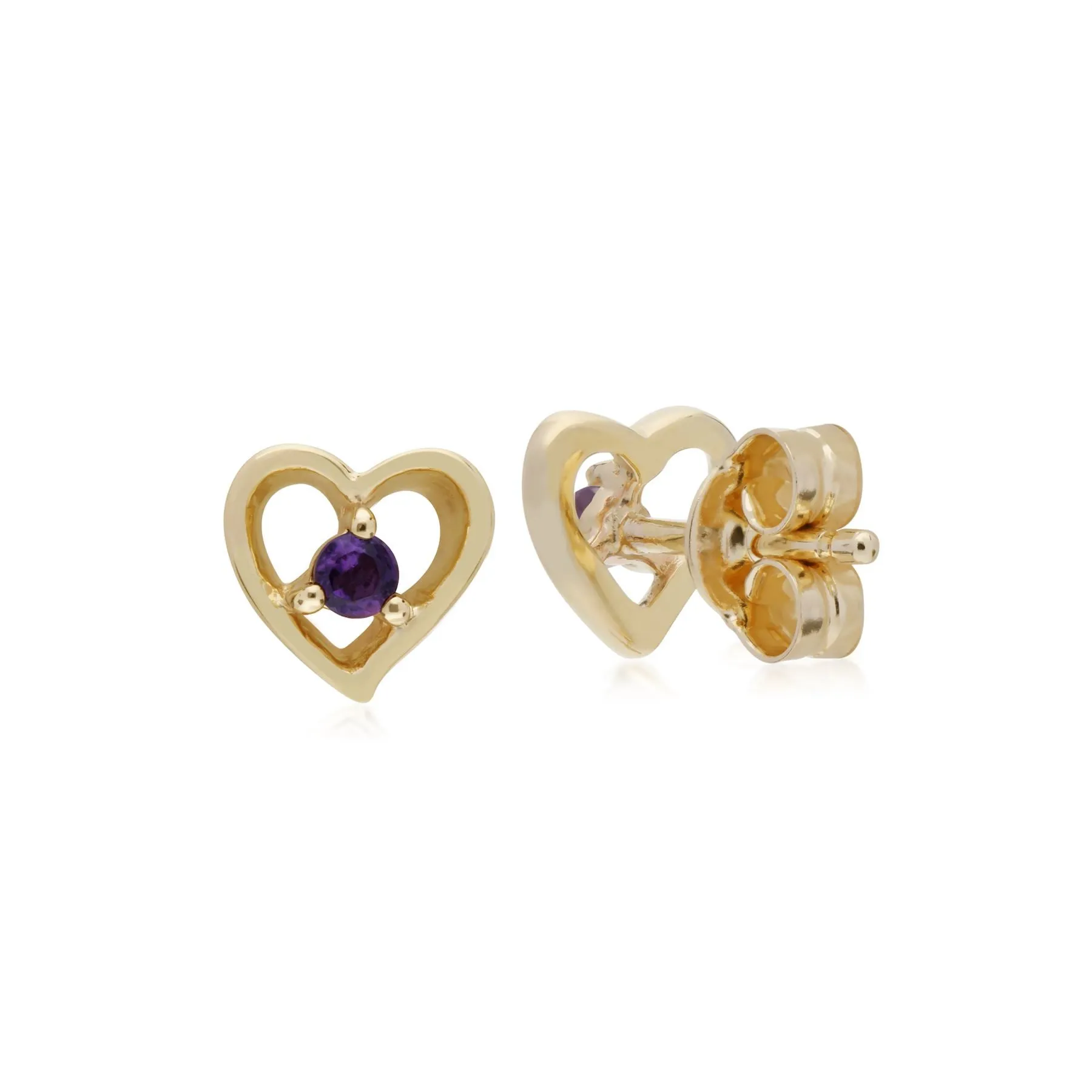 Amethyst Ohrringe, 9 Karat Gelbgold Amethyst Einzel Stein Herz Ohrstecker