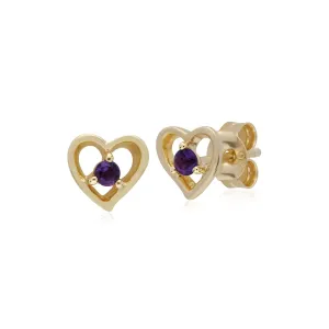 Amethyst Ohrringe, 9 Karat Gelbgold Amethyst Einzel Stein Herz Ohrstecker