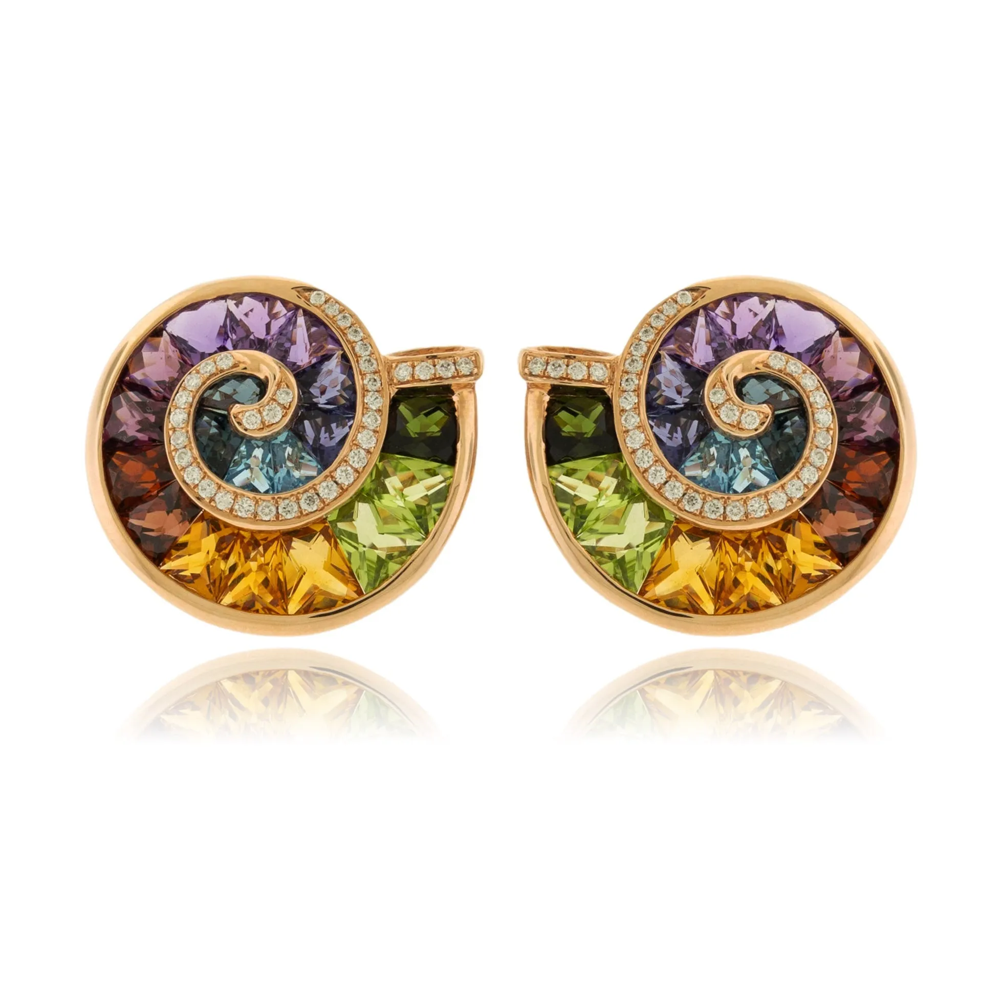 Ammonite Style Rainbow Mixed Gemstone & Diamond Earrings