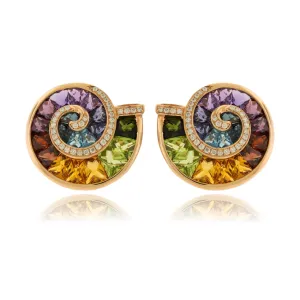 Ammonite Style Rainbow Mixed Gemstone & Diamond Earrings