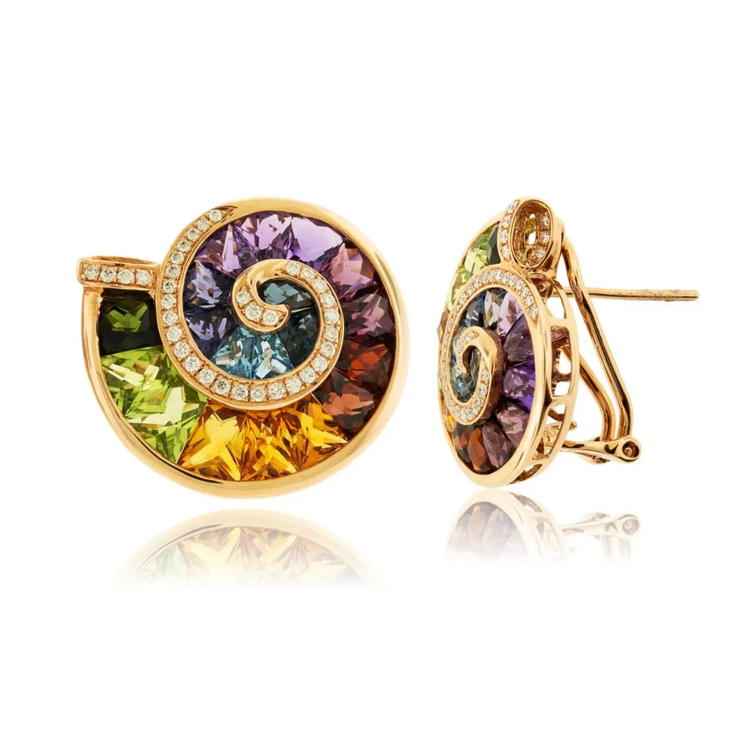 Ammonite Style Rainbow Mixed Gemstone & Diamond Earrings
