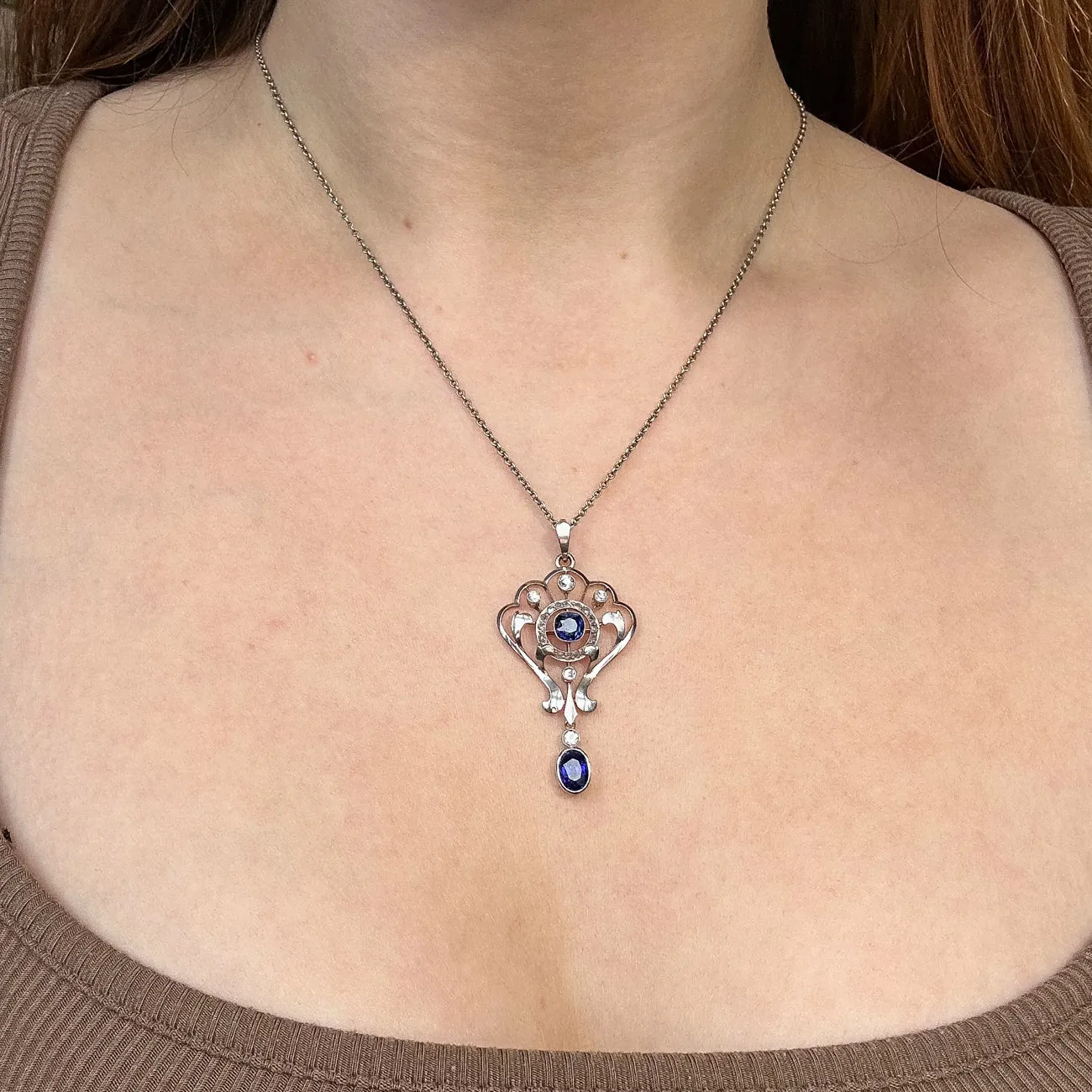 Antique Edwardian Sapphire Diamond Pendant Necklace 1.25ct Of Sapphire