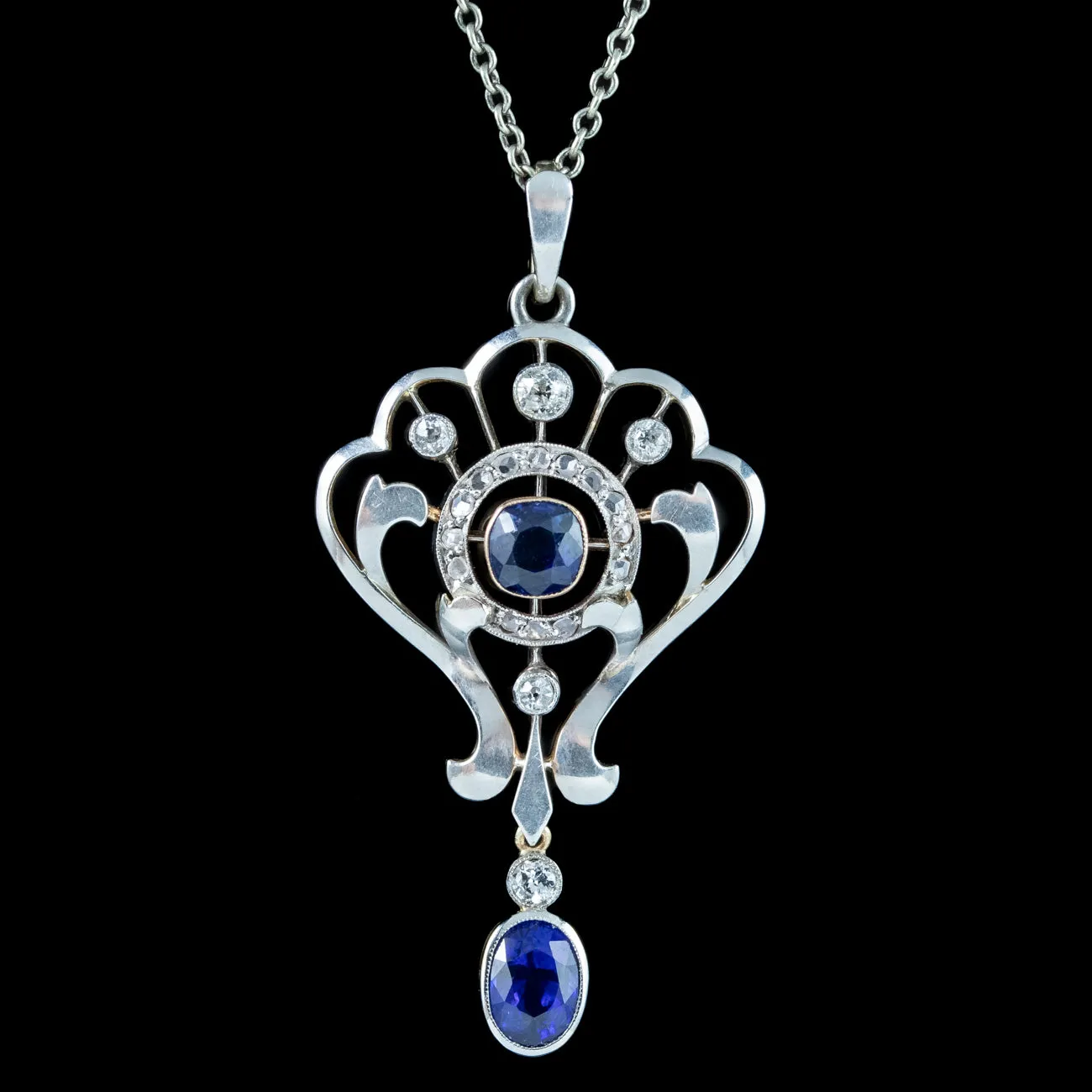 Antique Edwardian Sapphire Diamond Pendant Necklace 1.25ct Of Sapphire