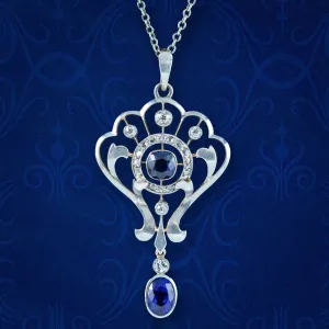 Antique Edwardian Sapphire Diamond Pendant Necklace 1.25ct Of Sapphire