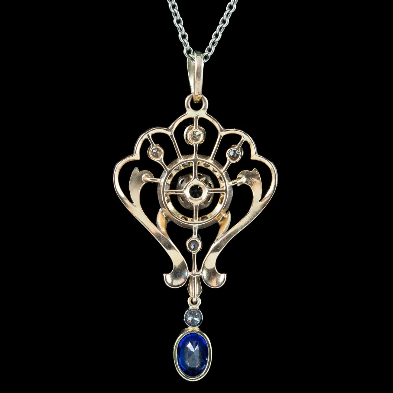 Antique Edwardian Sapphire Diamond Pendant Necklace 1.25ct Of Sapphire