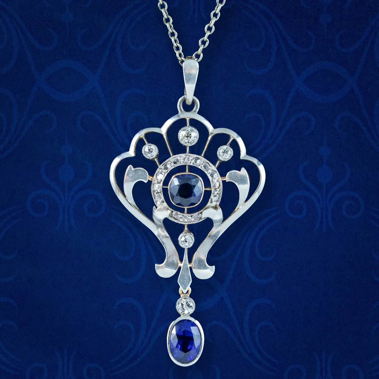 Antique Edwardian Sapphire Diamond Pendant Necklace 1.25ct Of Sapphire