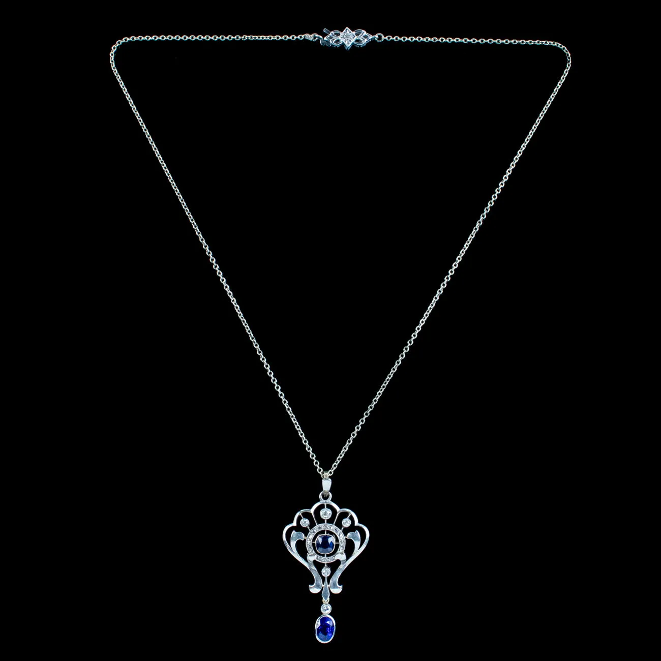 Antique Edwardian Sapphire Diamond Pendant Necklace 1.25ct Of Sapphire