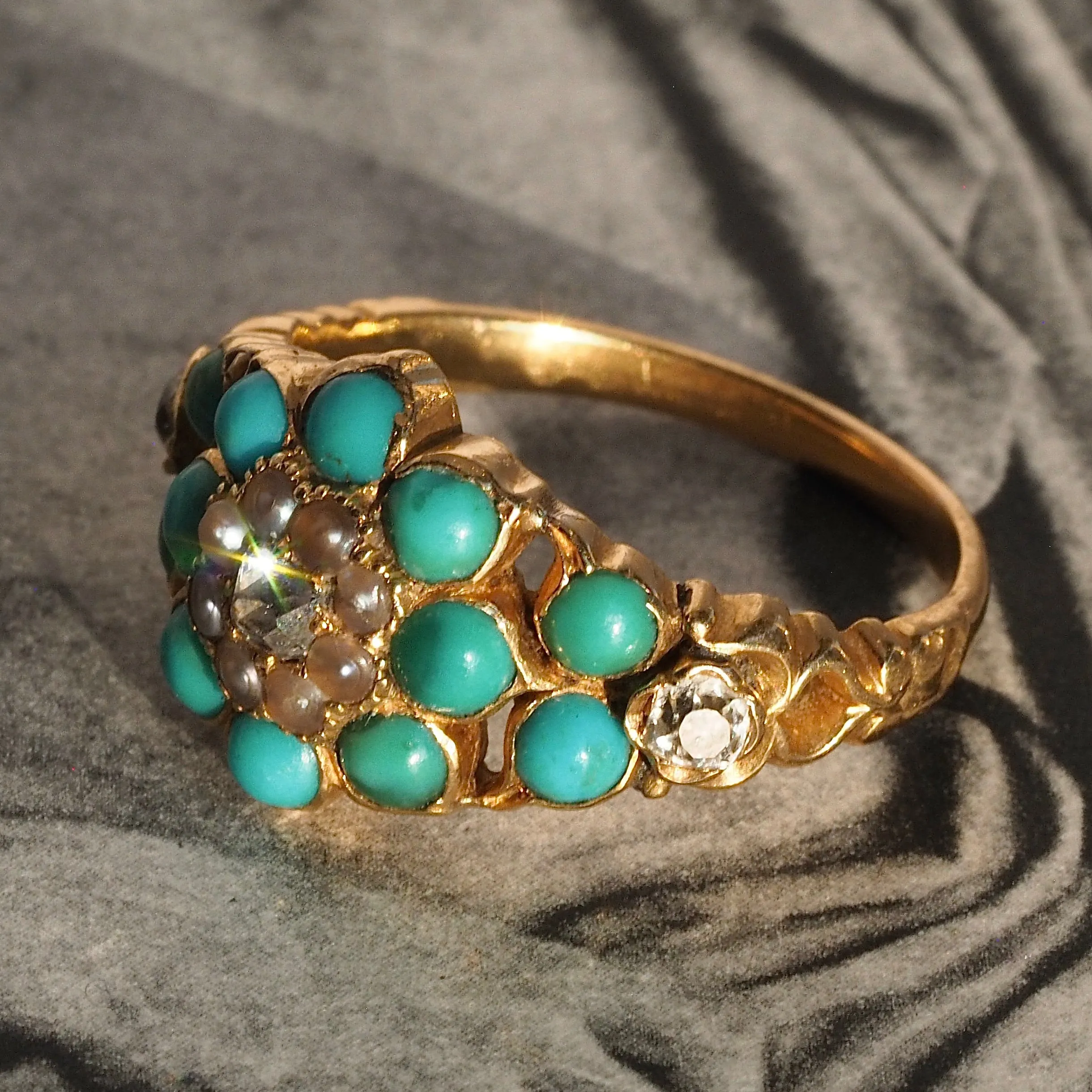 Antique Georgian 18k Gold Turquoise, Pearl and Diamond Ring