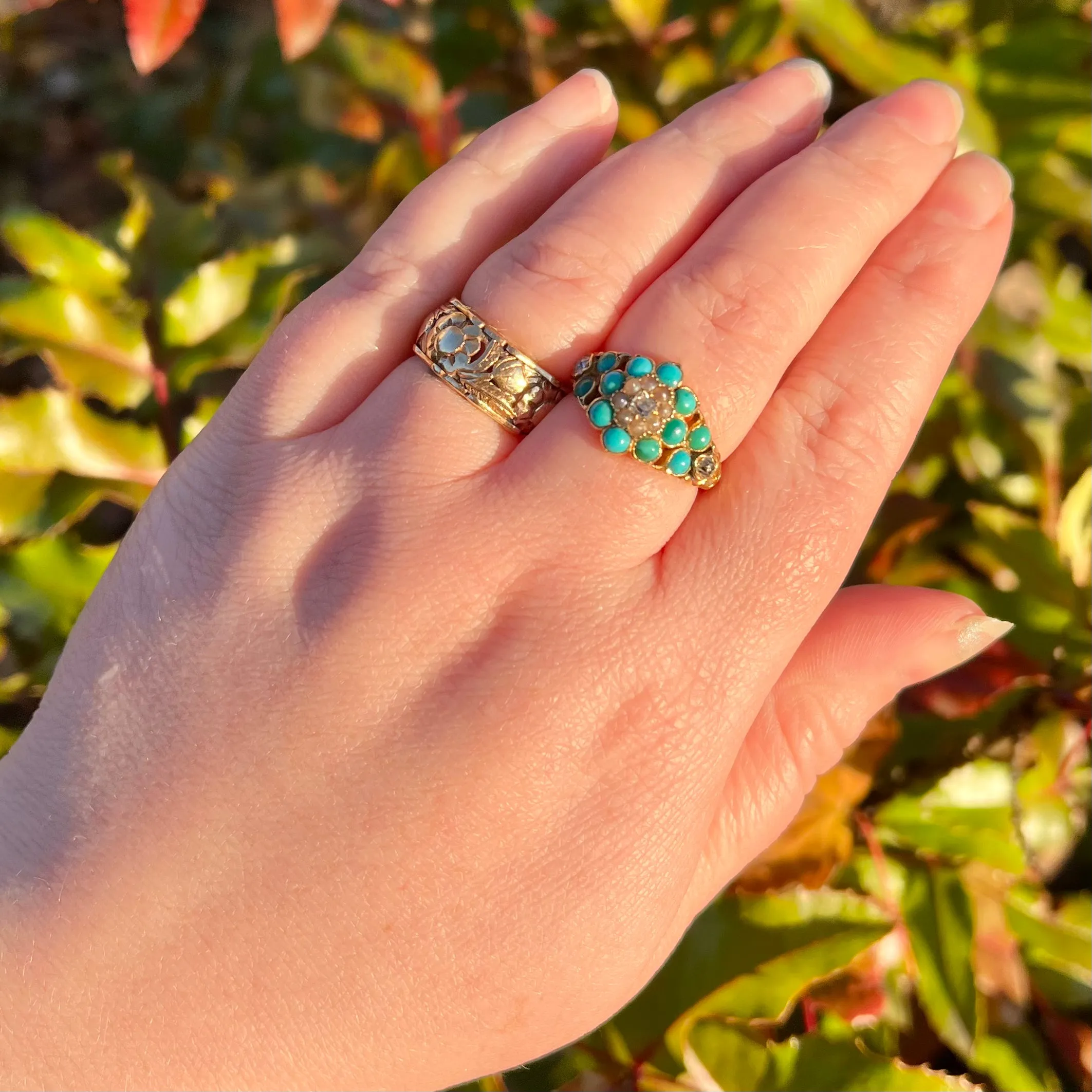 Antique Georgian 18k Gold Turquoise, Pearl and Diamond Ring