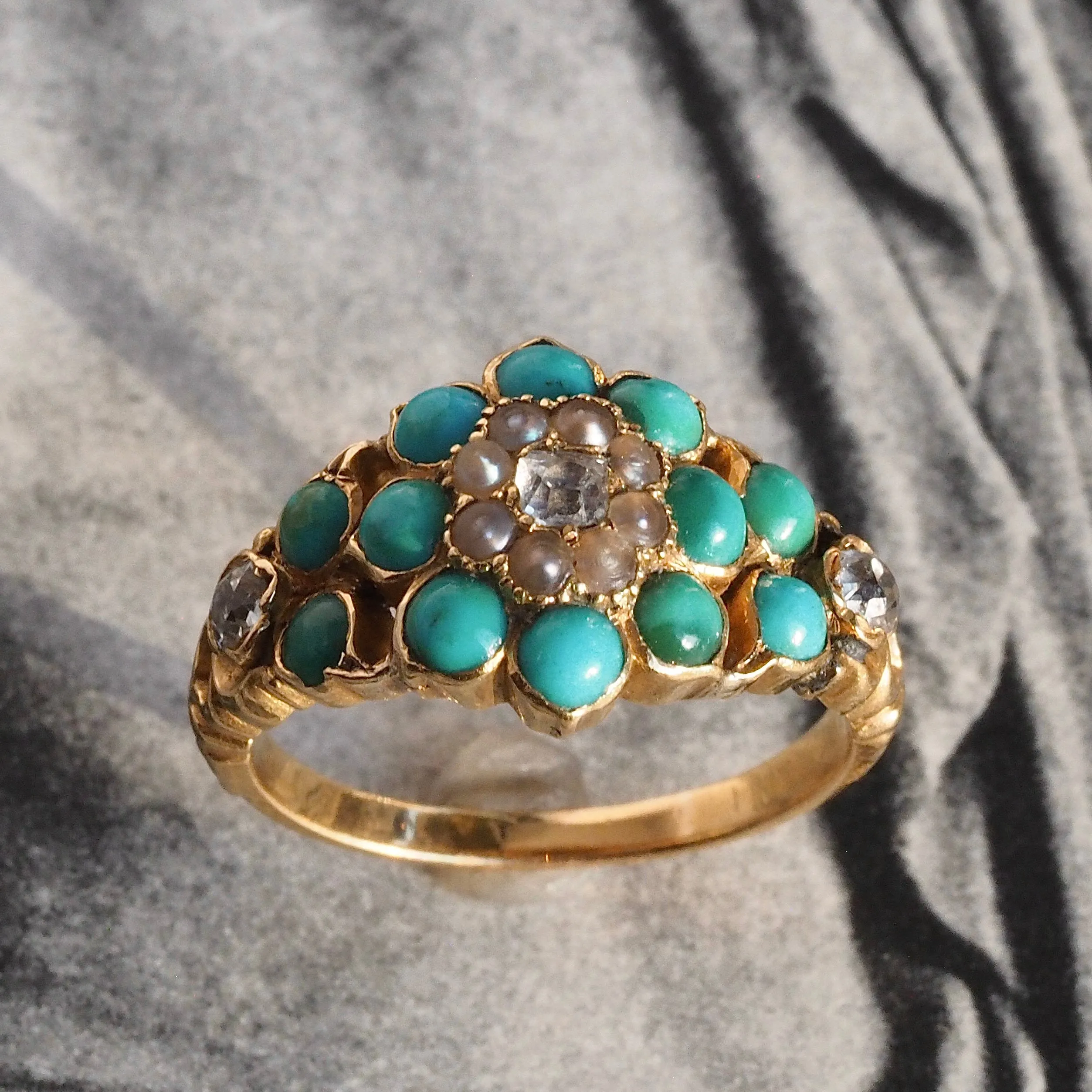 Antique Georgian 18k Gold Turquoise, Pearl and Diamond Ring
