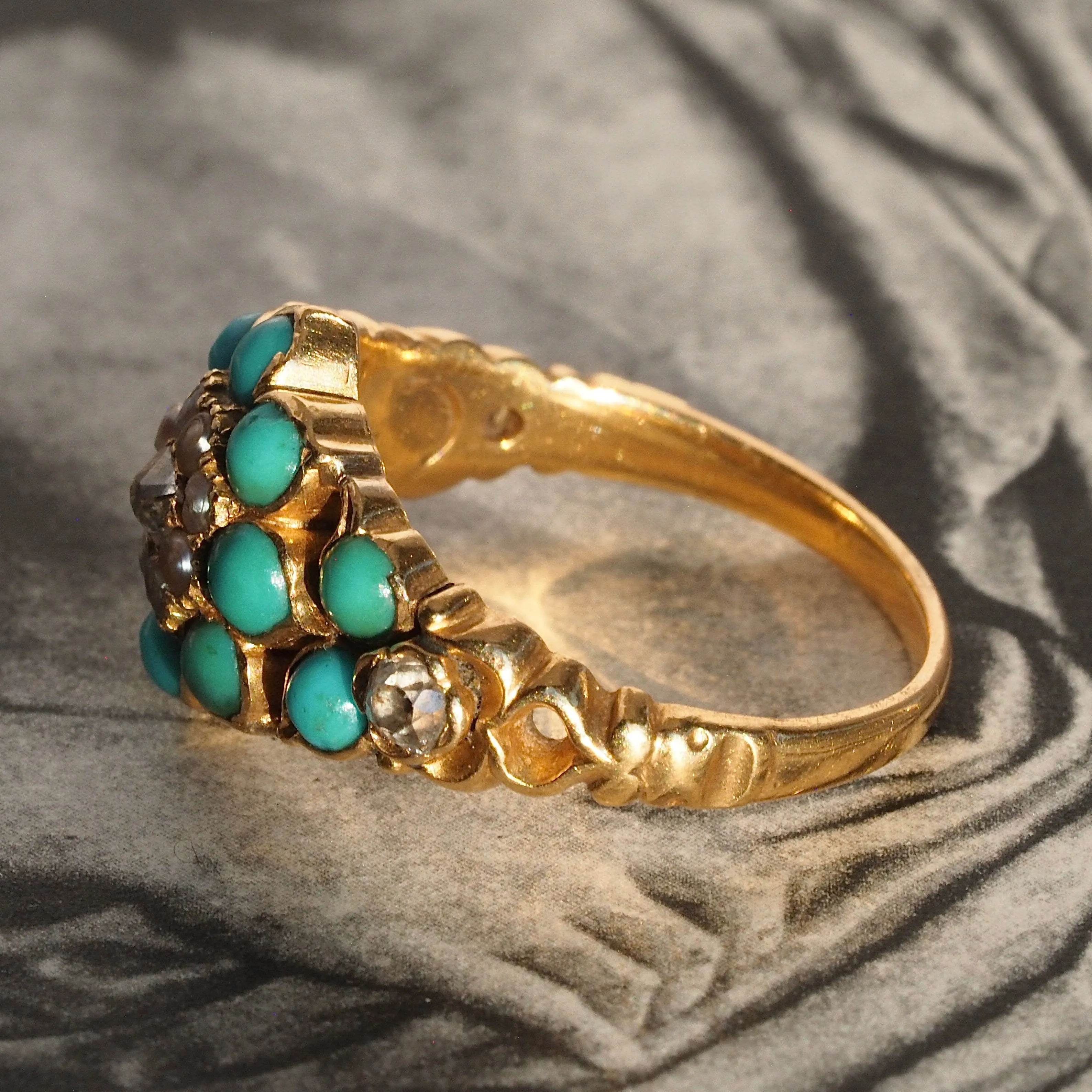 Antique Georgian 18k Gold Turquoise, Pearl and Diamond Ring