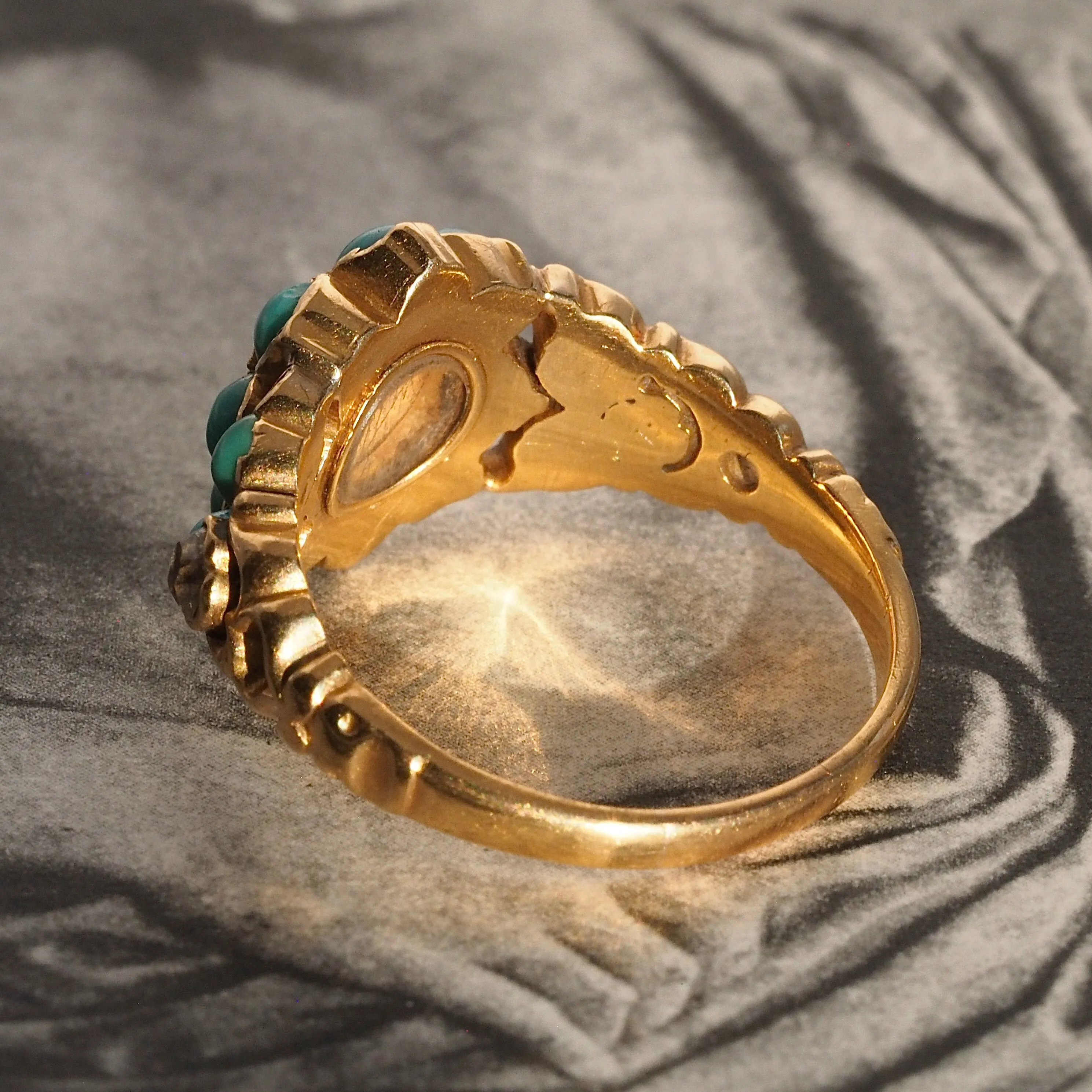Antique Georgian 18k Gold Turquoise, Pearl and Diamond Ring