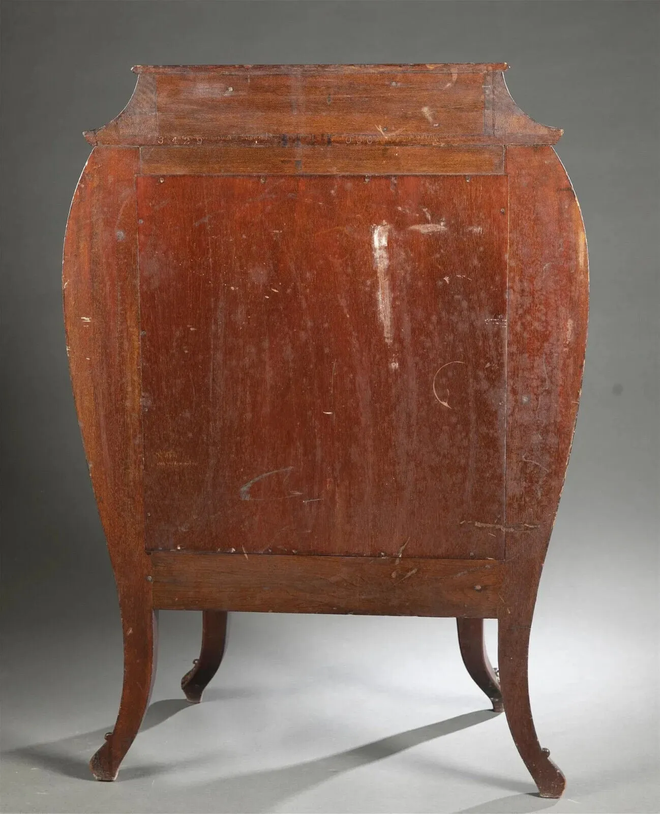 Antique Marquetry Bombe Music Cabinet, Inlaid, Shelves, Early 20th, Unique Shape